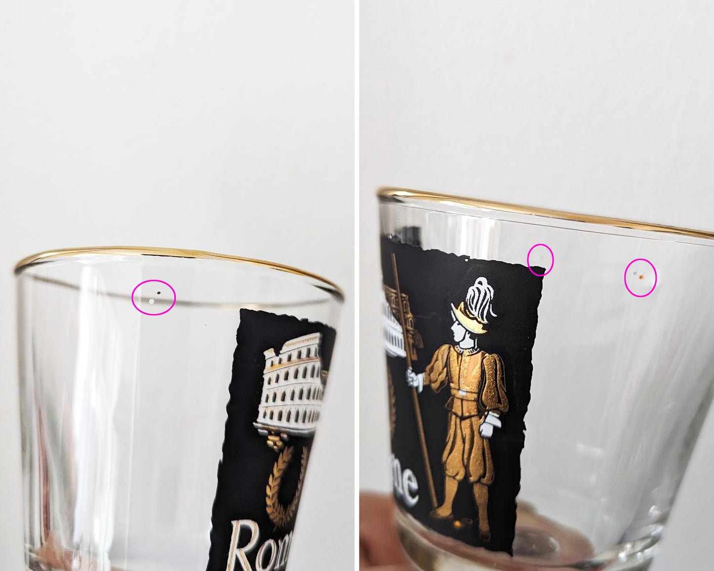 Some small factory flaws on the Rome glass which included extra paint spots and  a bubble in the glass