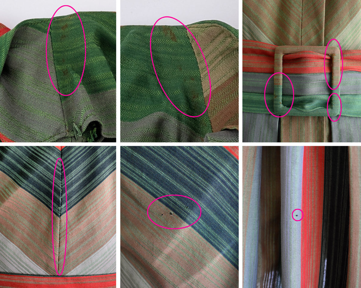 A six-panel close-up collage of the dress, highlighting small flaws circled in pink.