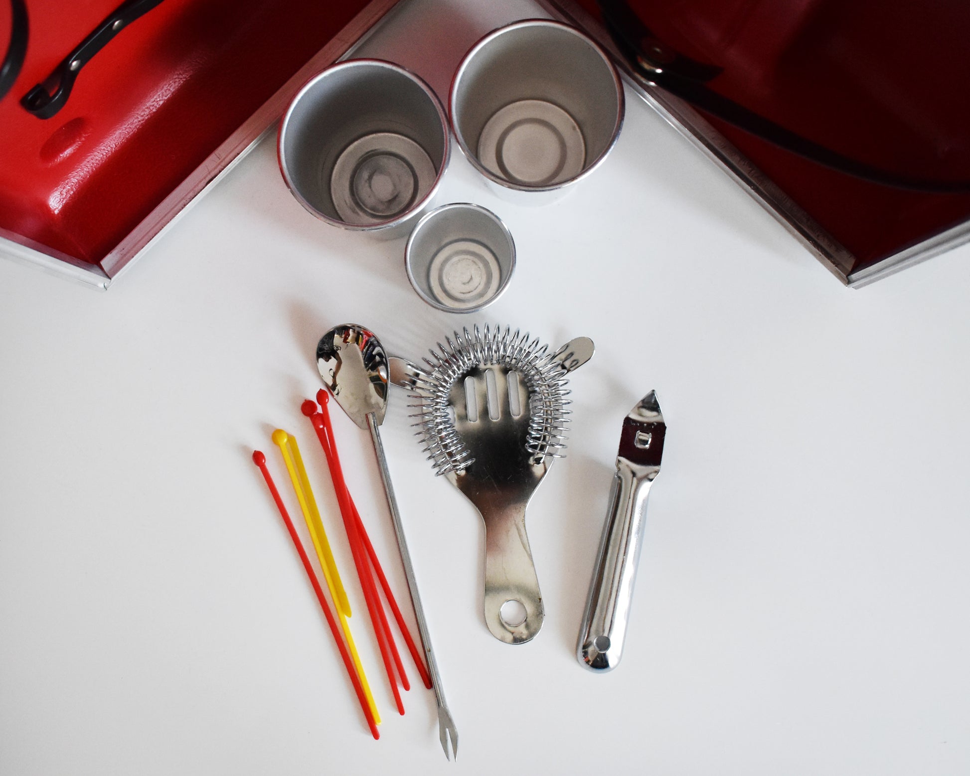 An overhead shot of the glasses and utensils.