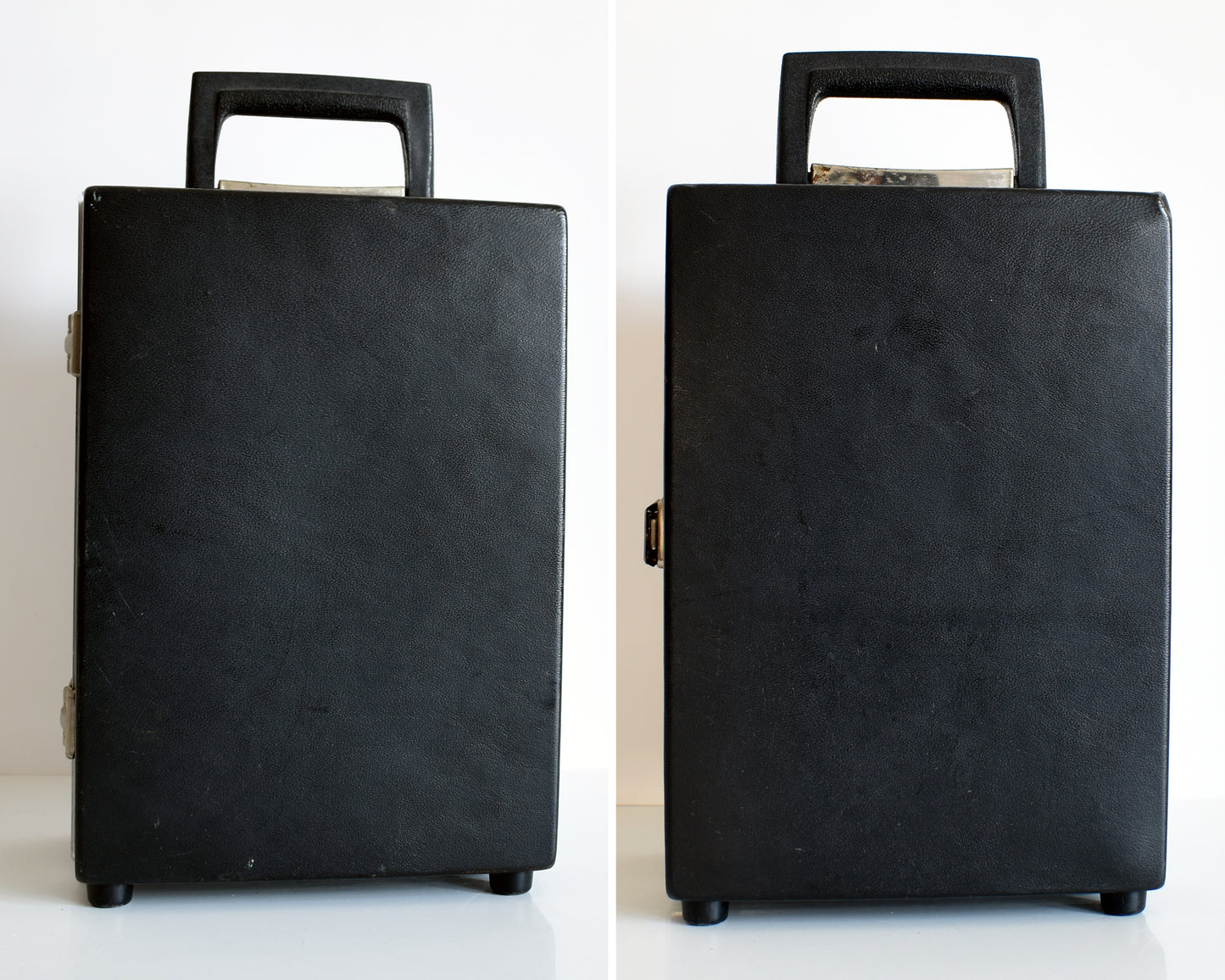 side by side views of the front and back of the black travel bar case