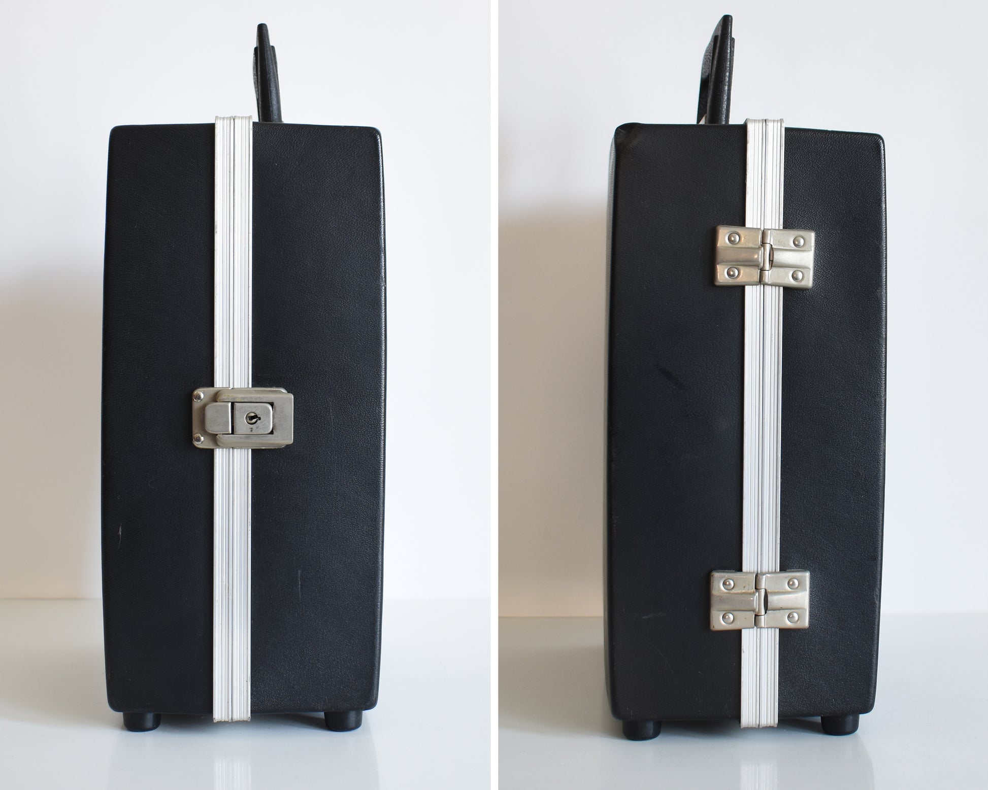 side by side views of the sides of the black travel bar case