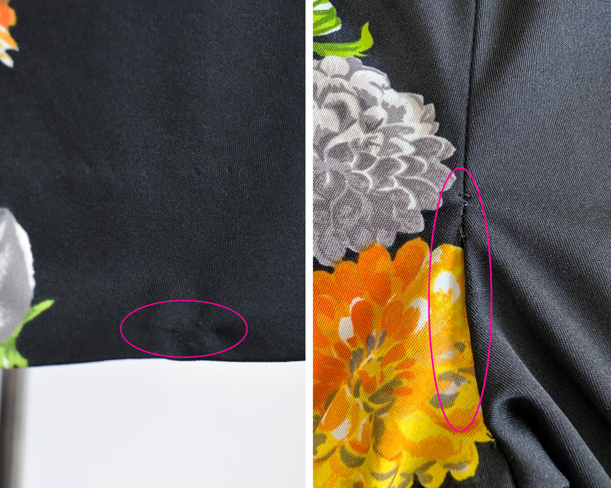 side by side close up photos showing small flaws. one the left shows a small pull on the back of the right pant let and on the right shows some alterations on the back seam of the pants.