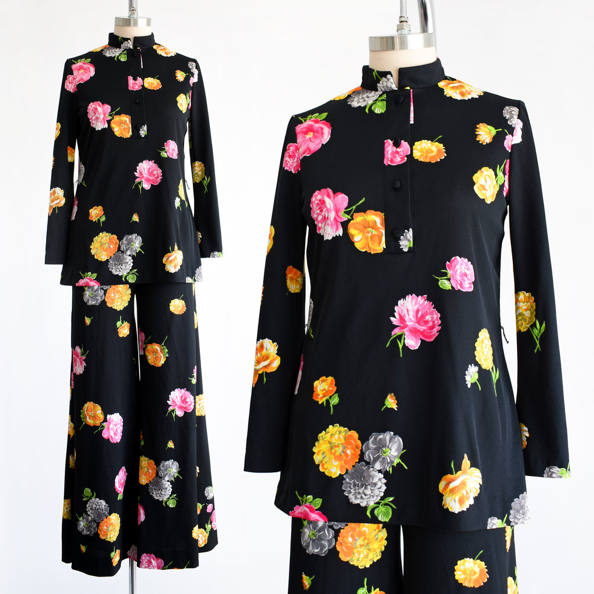 Vintage 1970s Black Floral Wide Leg Pant Set | small medium/medium
