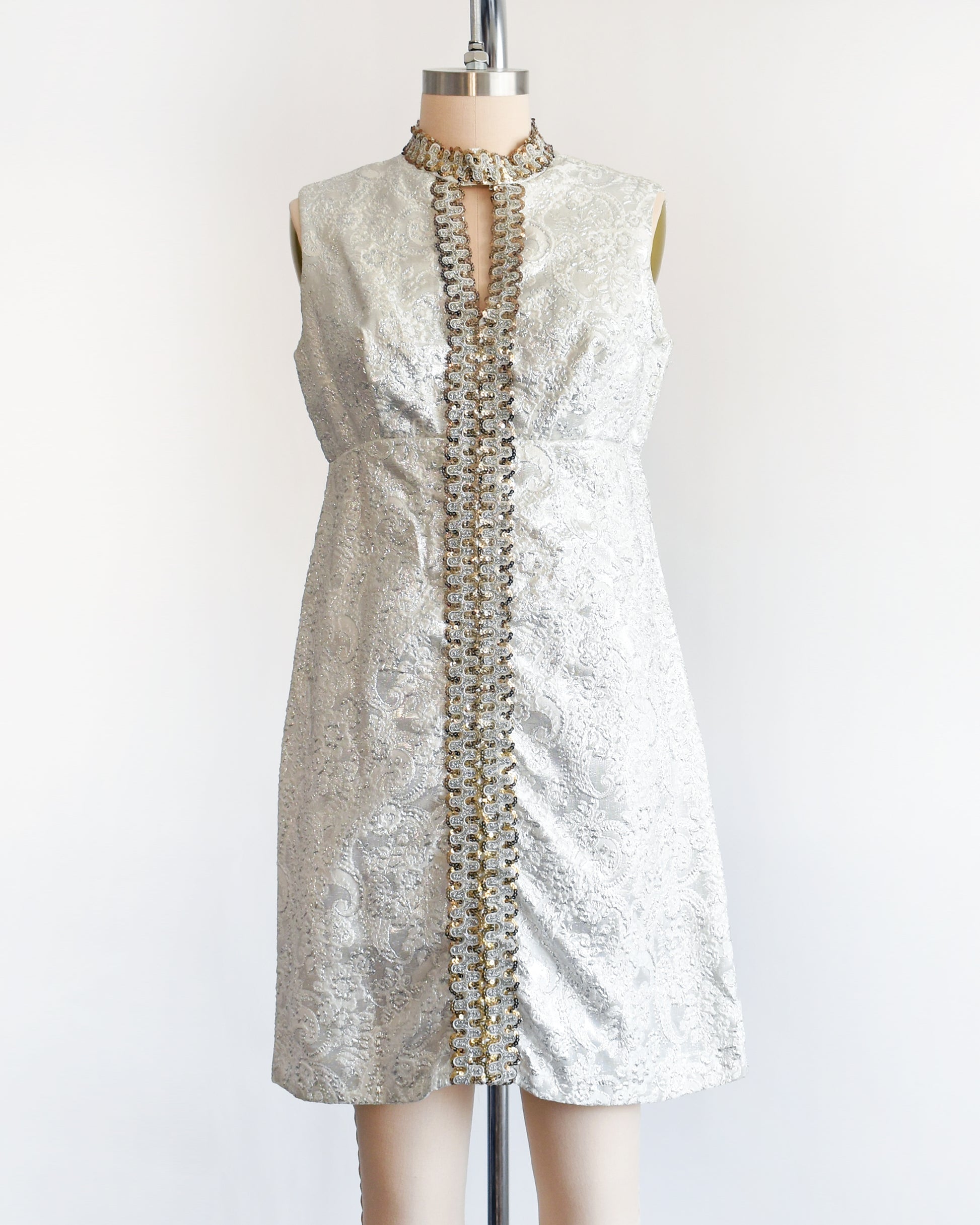 Vintage 1960s Silver Metallic Brocade Gold Sequin Mini Dress | small Rust Belt Threads Vintage 1960s Silver Metallic Brocade Gold Sequin Mini Dress | small Rust Belt Threads