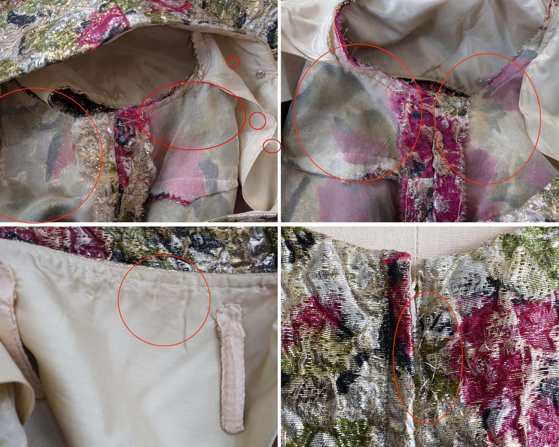 a photo collage of some flaws which include inside underarm discoloration, some spots on the inside lining, and some pulled metallic threads