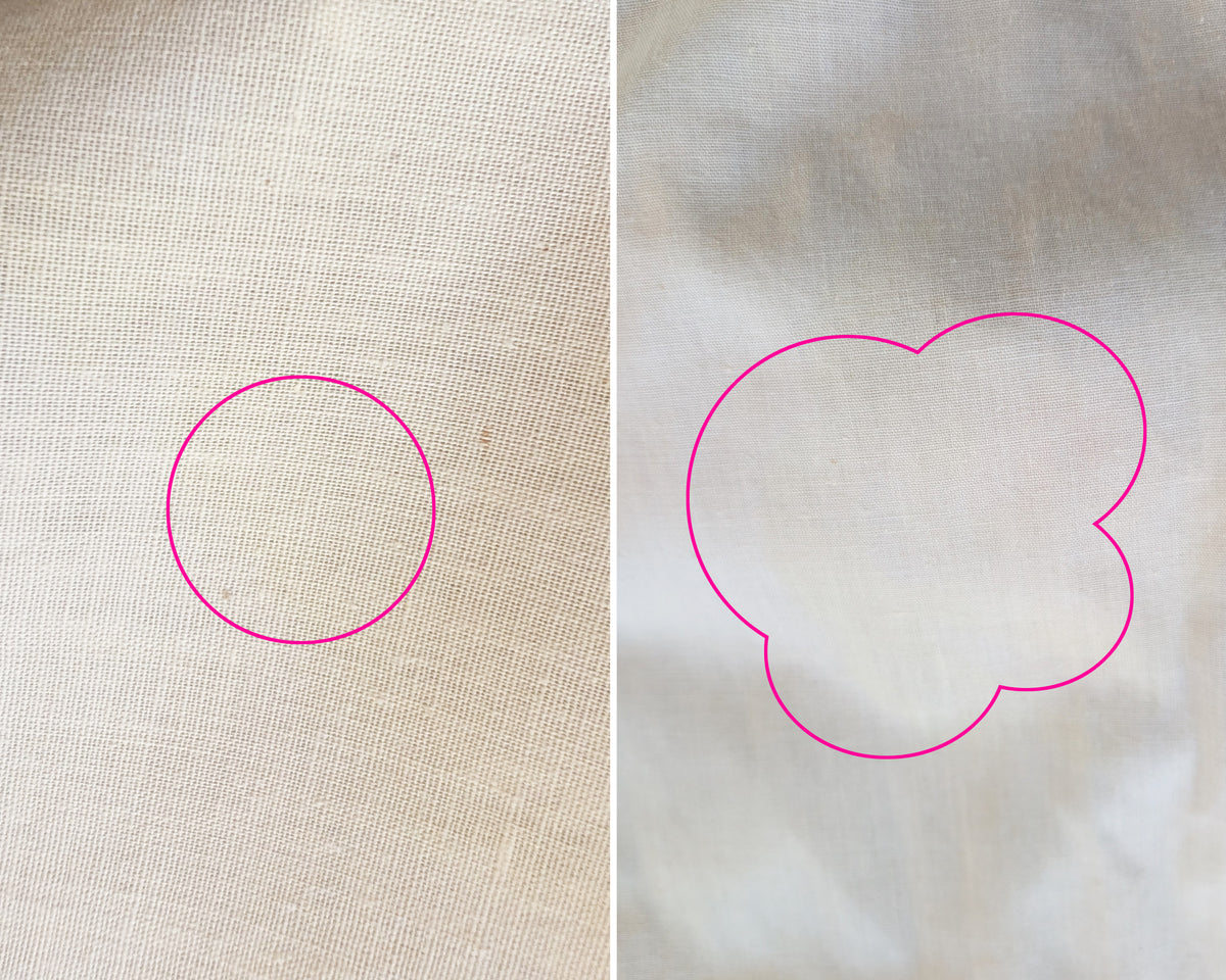 side by side views of a faint yellow stain on the lining of the dress circled in pink