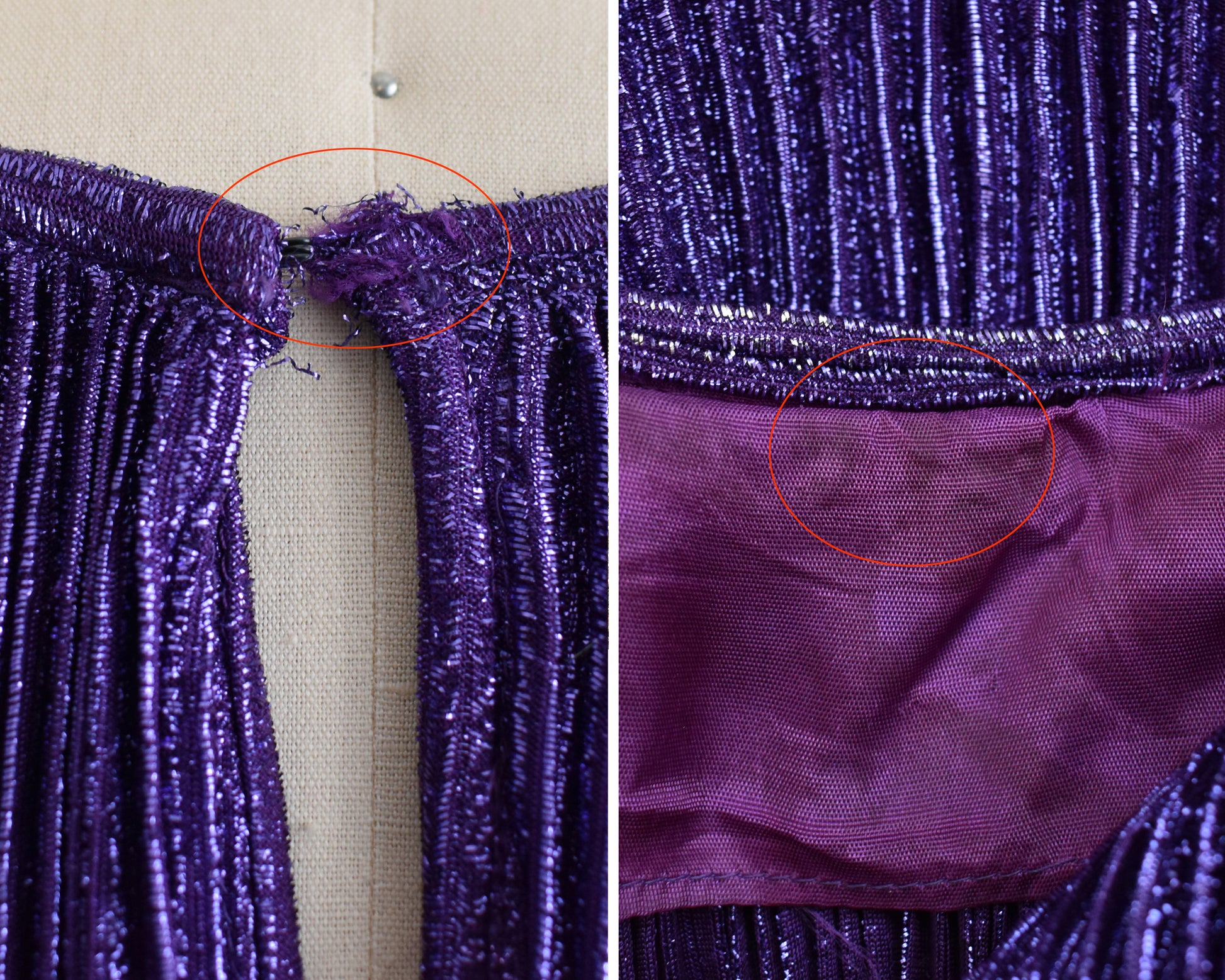 photo collage showing some flaws to the dress included a worn hook spot and some marks on the inside of the dress