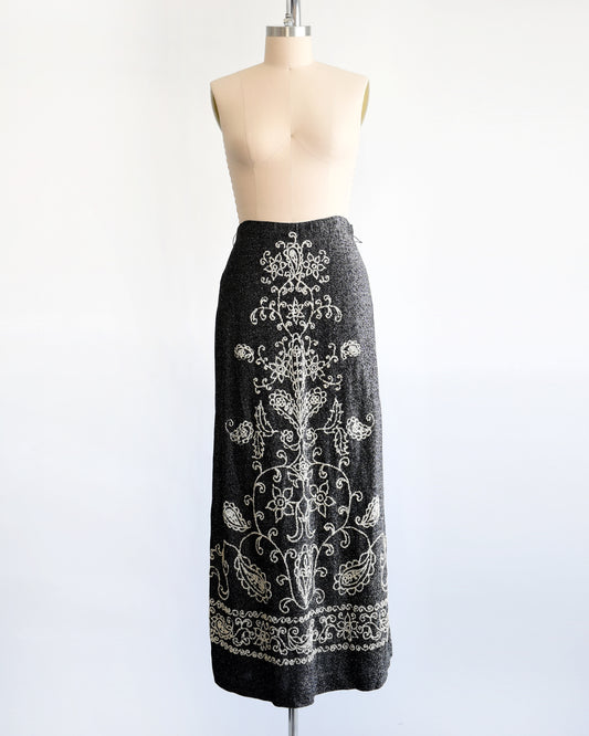 a vintage 1970s black and silver beaded maxi skirt