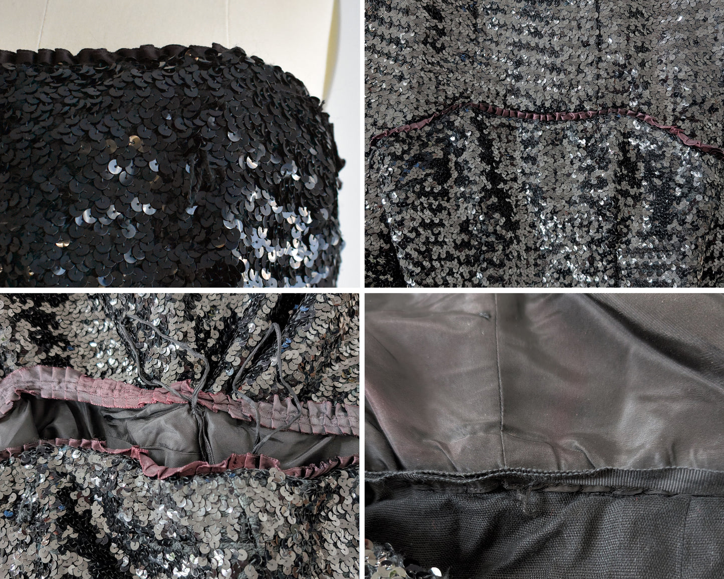 a photo collage of flaws which include a pull on the bodice, red ruffle trim due to age/chemical reaction, and a a pulled waist ribbon on the inside.