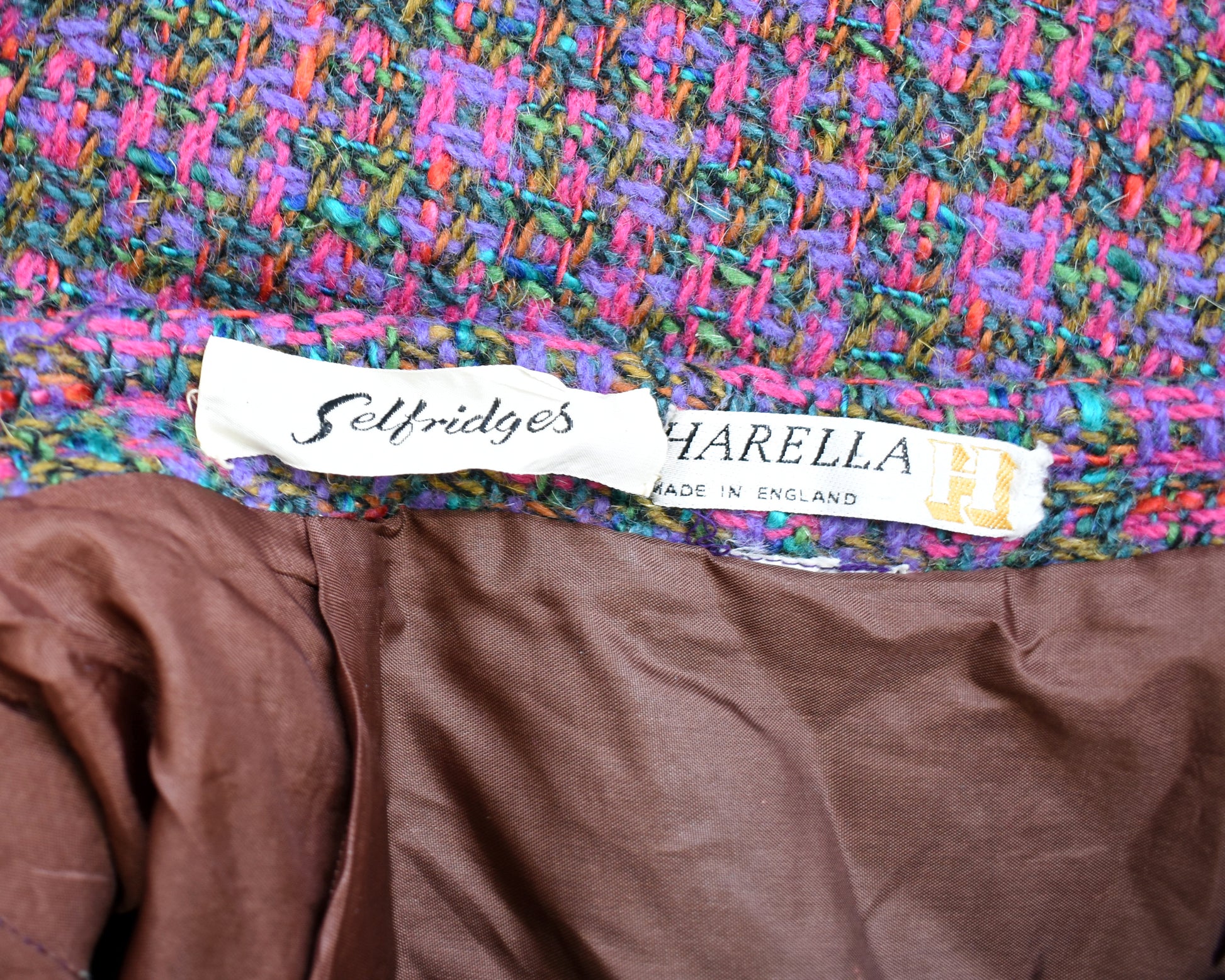 Close up of the tag which says Selfridges and Harella, Made in England