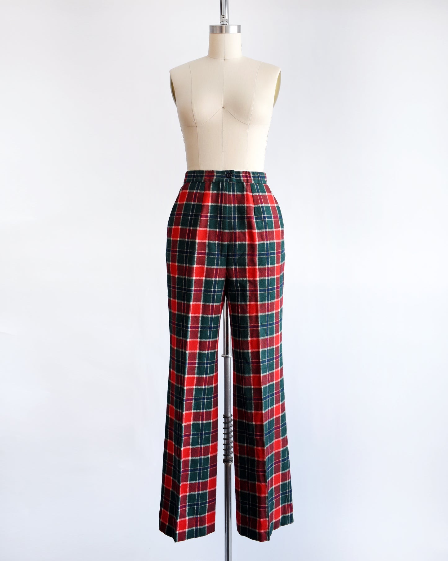 vintage 1970s red, navy blue, green, and white plaid wool pants by Pendleton.