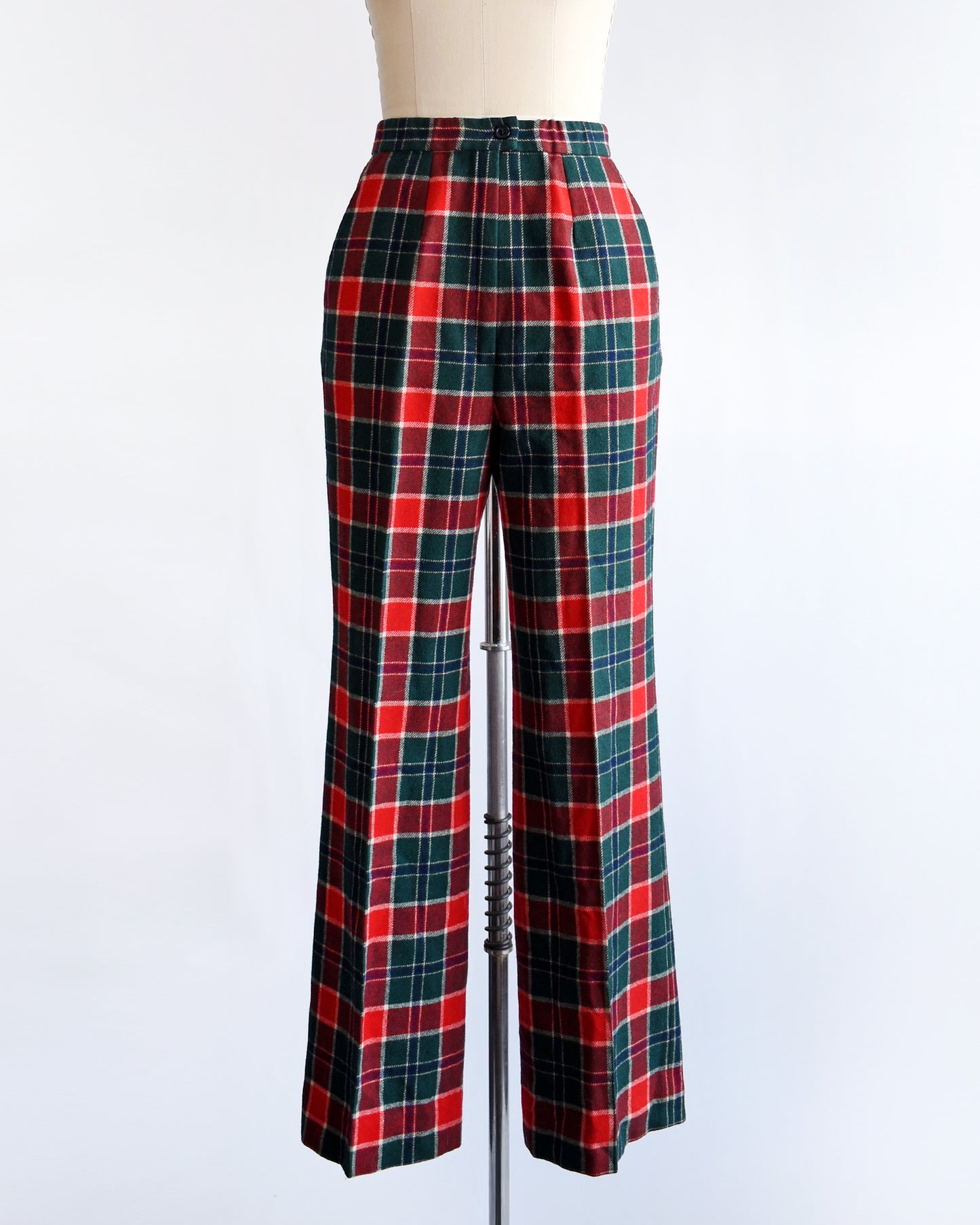 vintage 1970s red, navy blue, green, and white plaid wool pants by Pendleton.