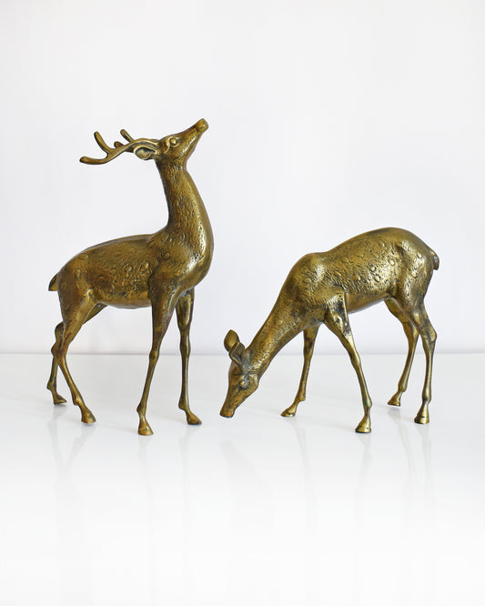 Two vintage brass deers standing on a white table and white background. The buck  is standing upright displaying his antlers and the doe is grazing on the ground. Both of the deer have excellent fur and spotted detail.