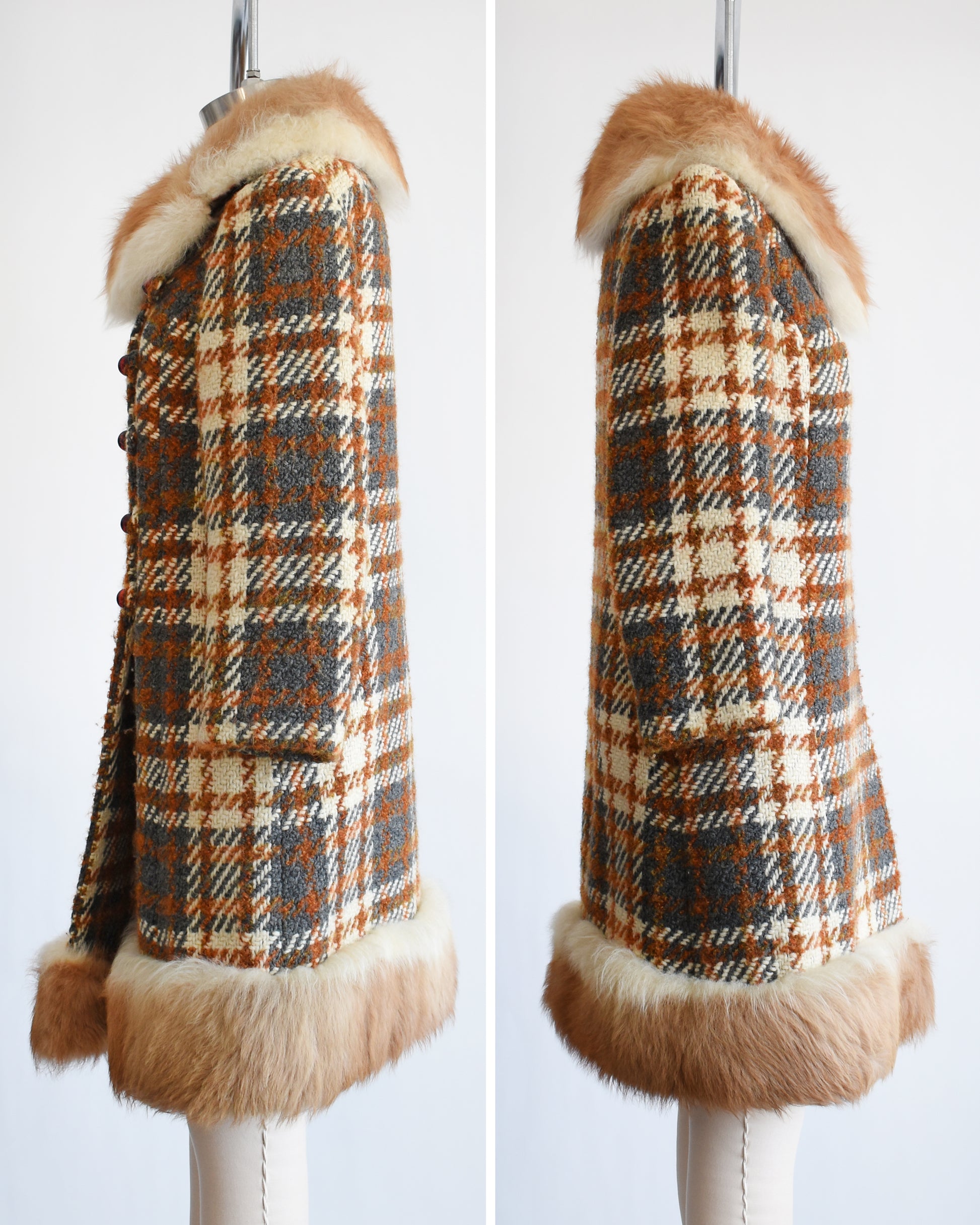 side by side view of the side of a vintage 1960s plaid wool coat with guanaco fur trim