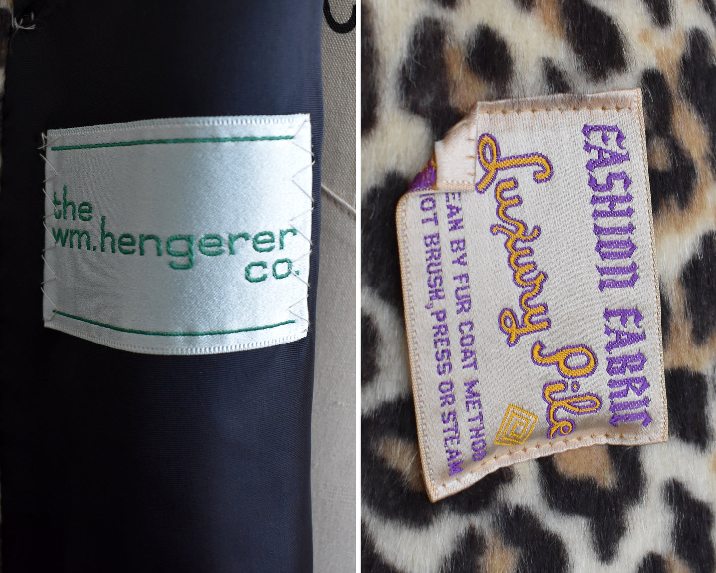 side by side photos of the labels on the inside of the coat