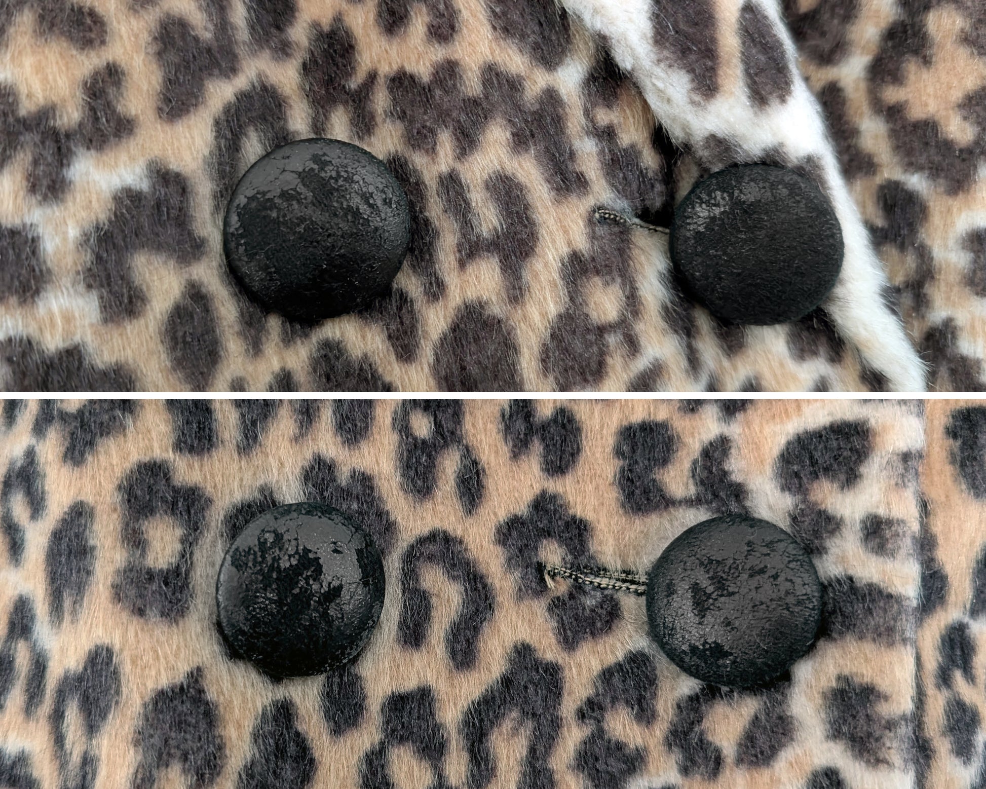 side by side photos showing the close up of the buttons which show wear on the fronts