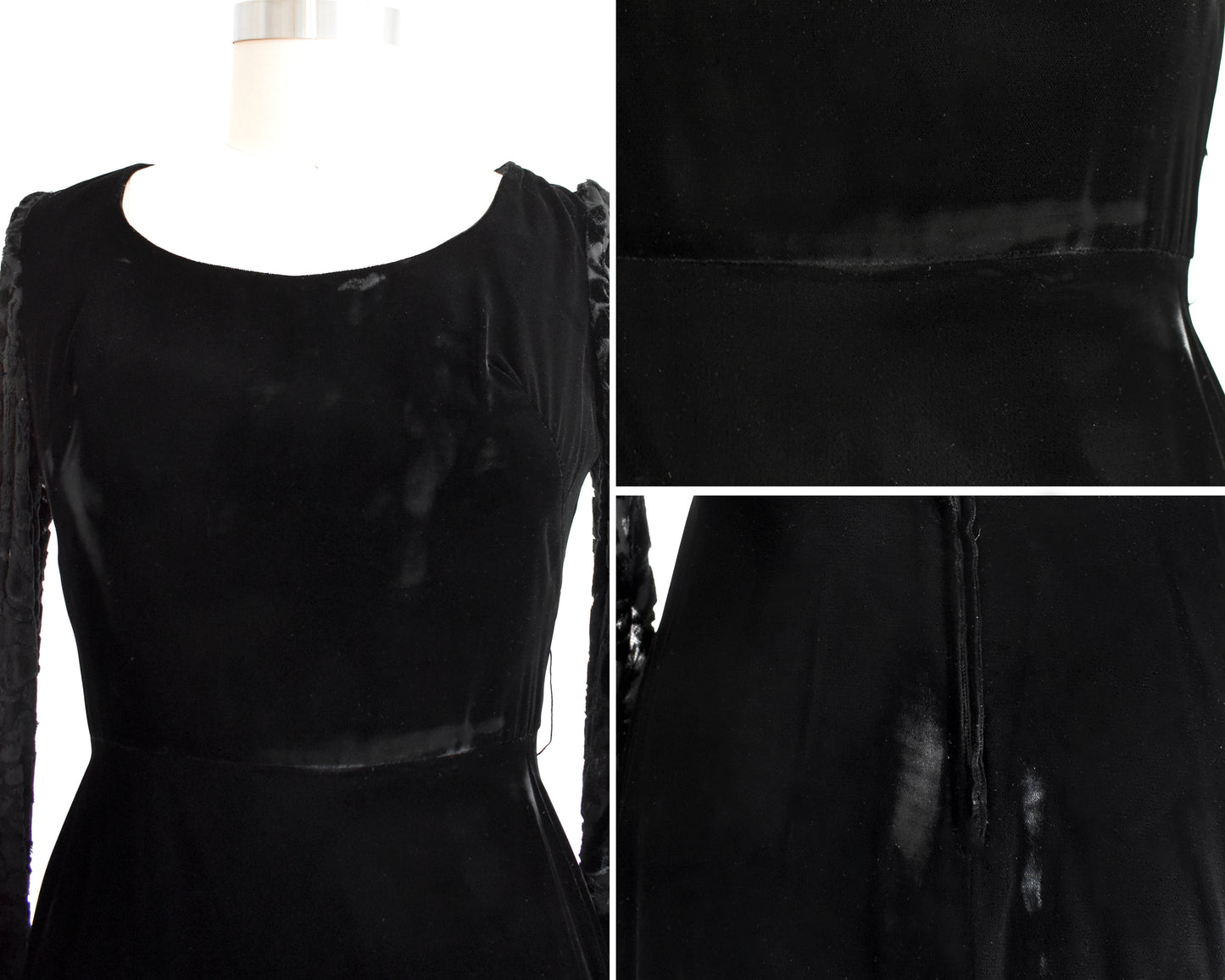 a photo collage showing shiny spots on the velvet of a vintage 1960s black velvet cocktail dress