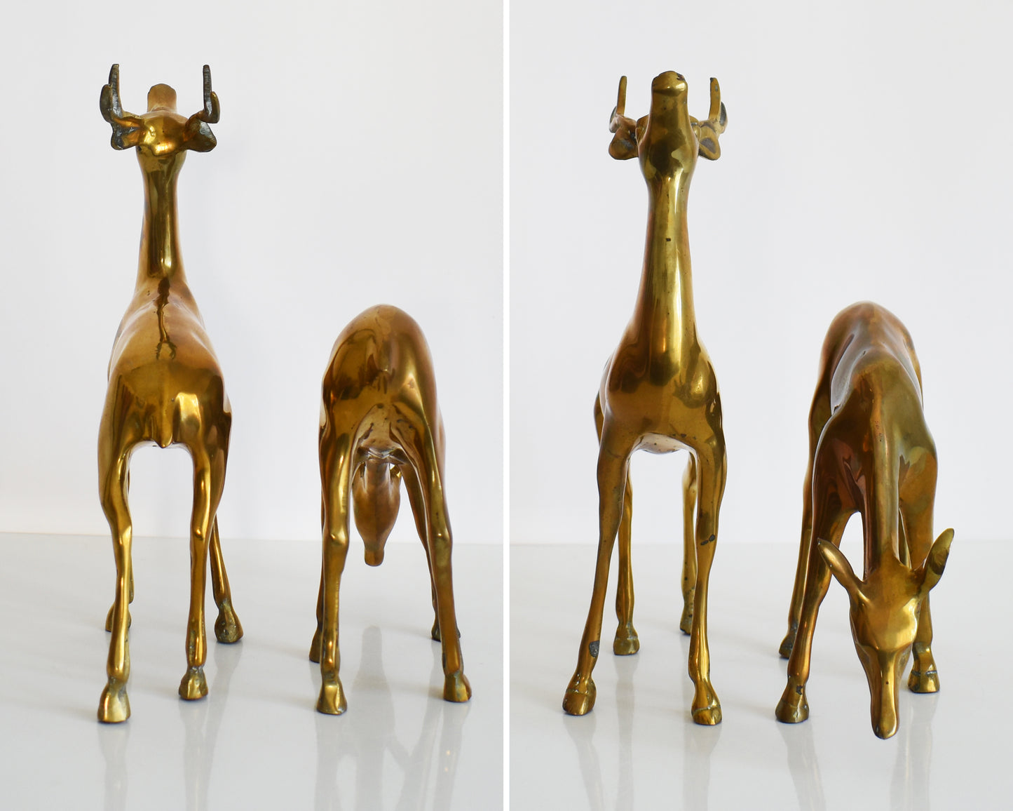 Front and back view of a pair of two large vintage brass deer figurines. One buck and one doe make up this collection, with the buck standing upright displaying his antlers and the doe is grazing on the ground.