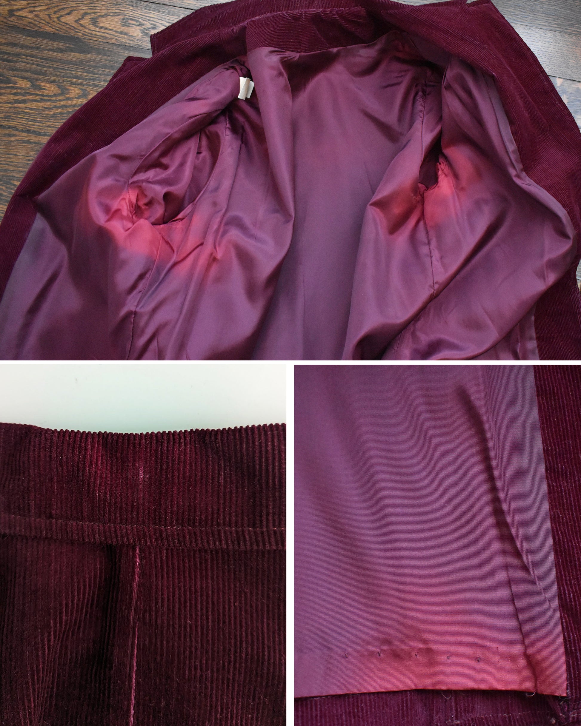 A collage of small flaws which include some discoloration to the lining, and a worn spot on the back of the collar.