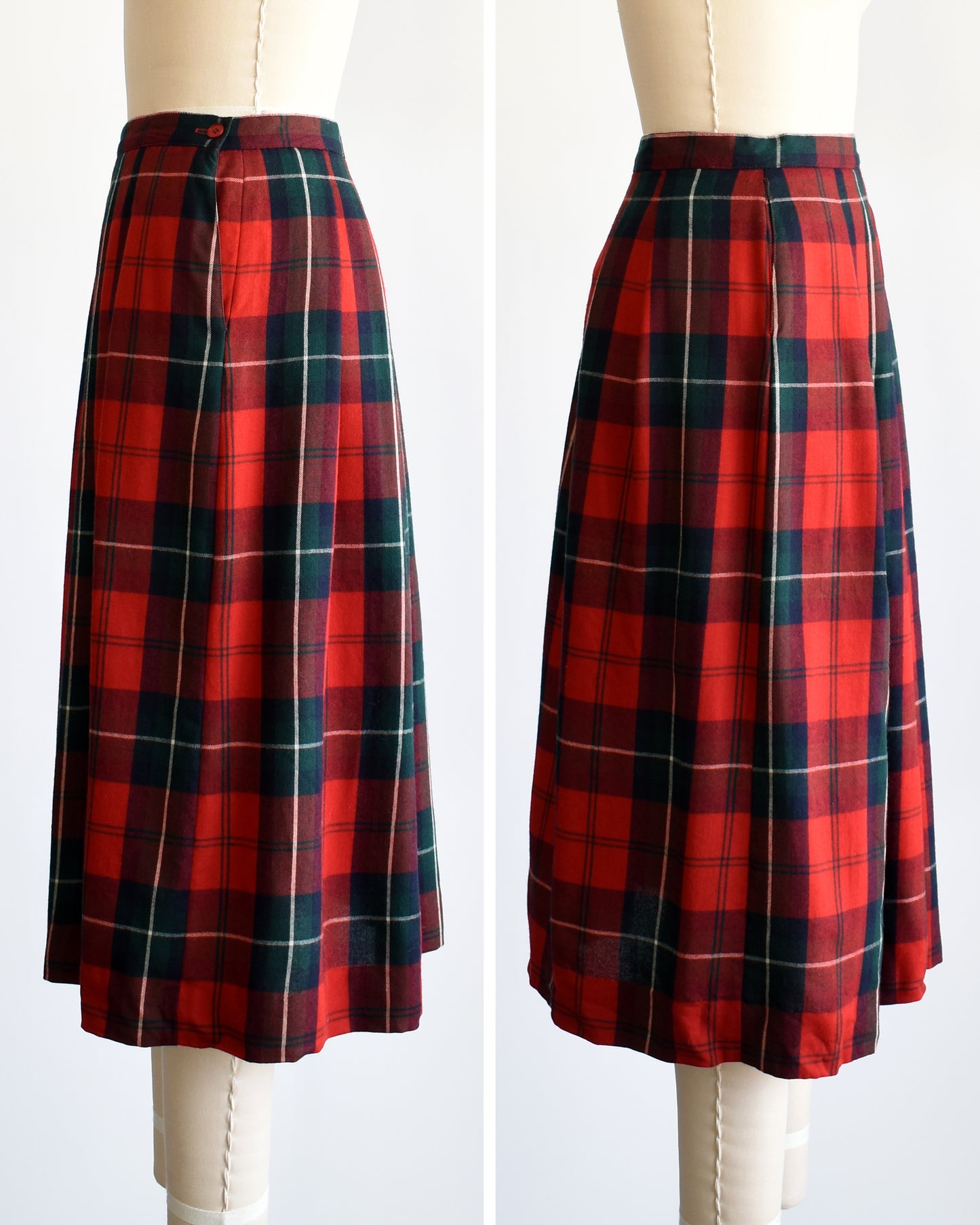 Side by side views of a vintage 80s red and green plaid pleated skirt on a dress form. 