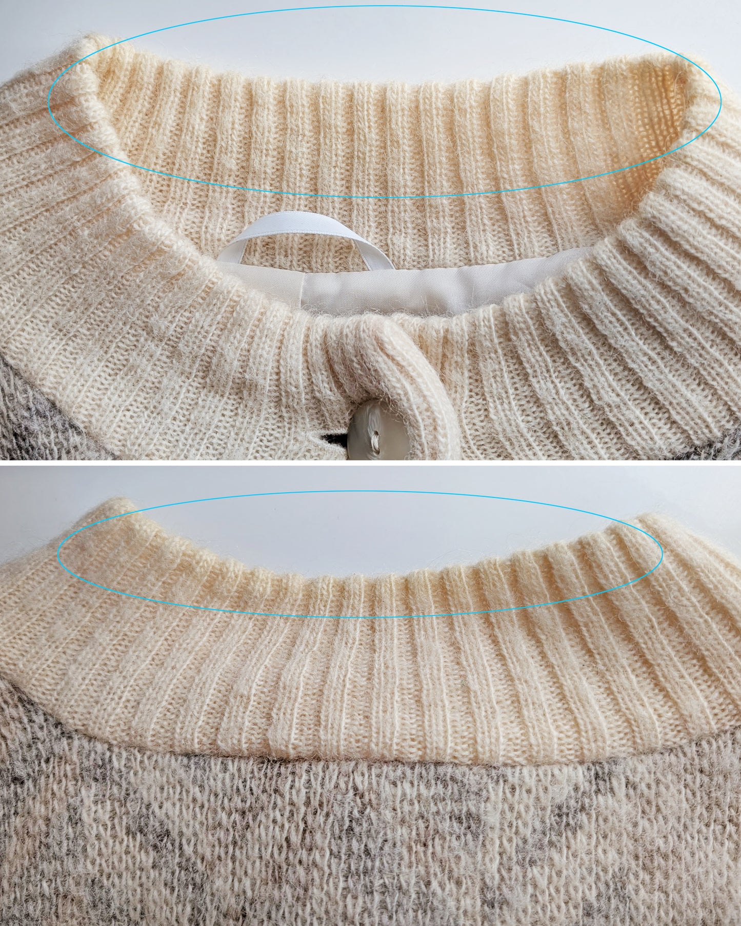 Close-up of a beige sweater collar with a white label, shown from two angles. A bit of yellowing is circled in blue