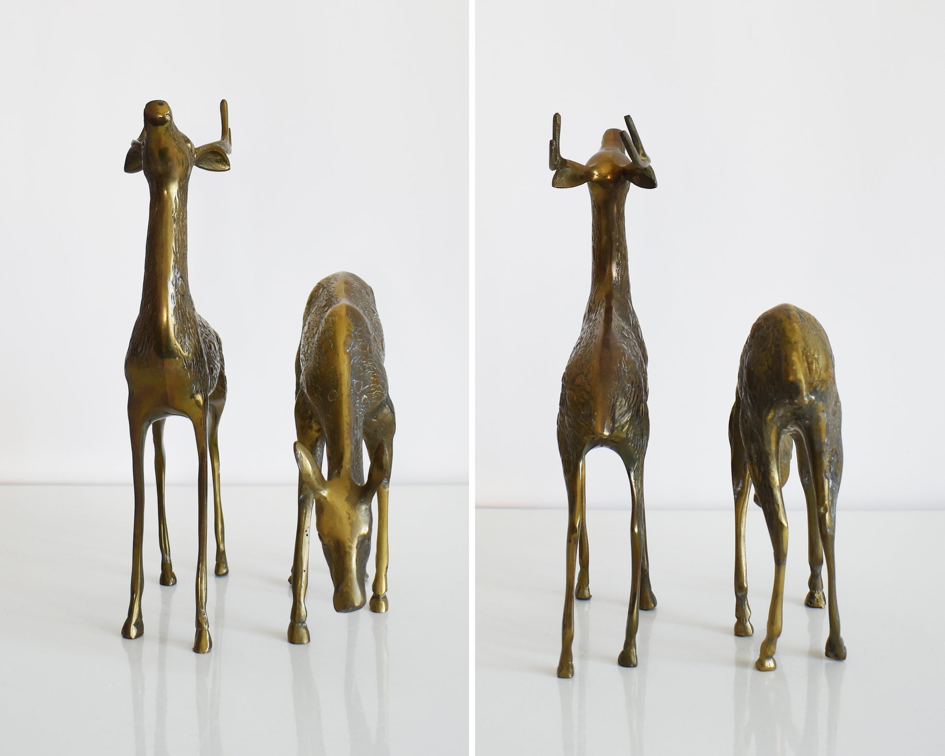 Side by side views of the front and back of the two brass deer