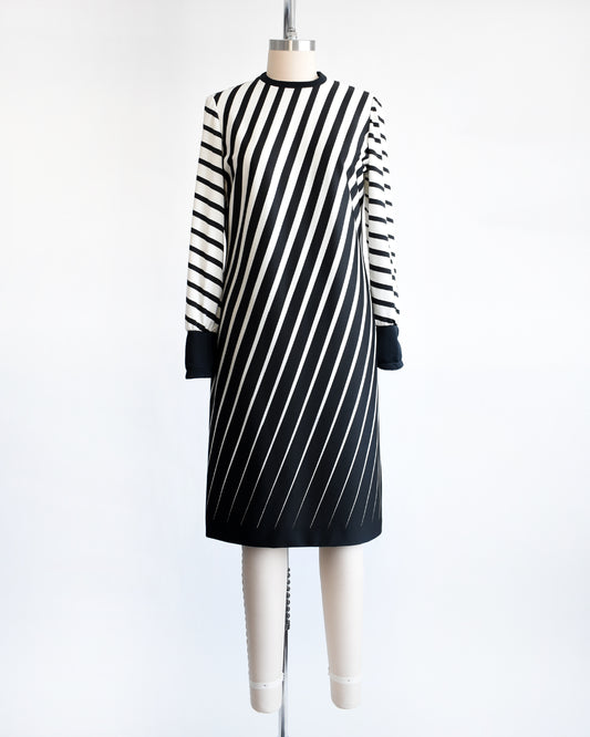 a vintage 1970s black and white diagonal striped dress