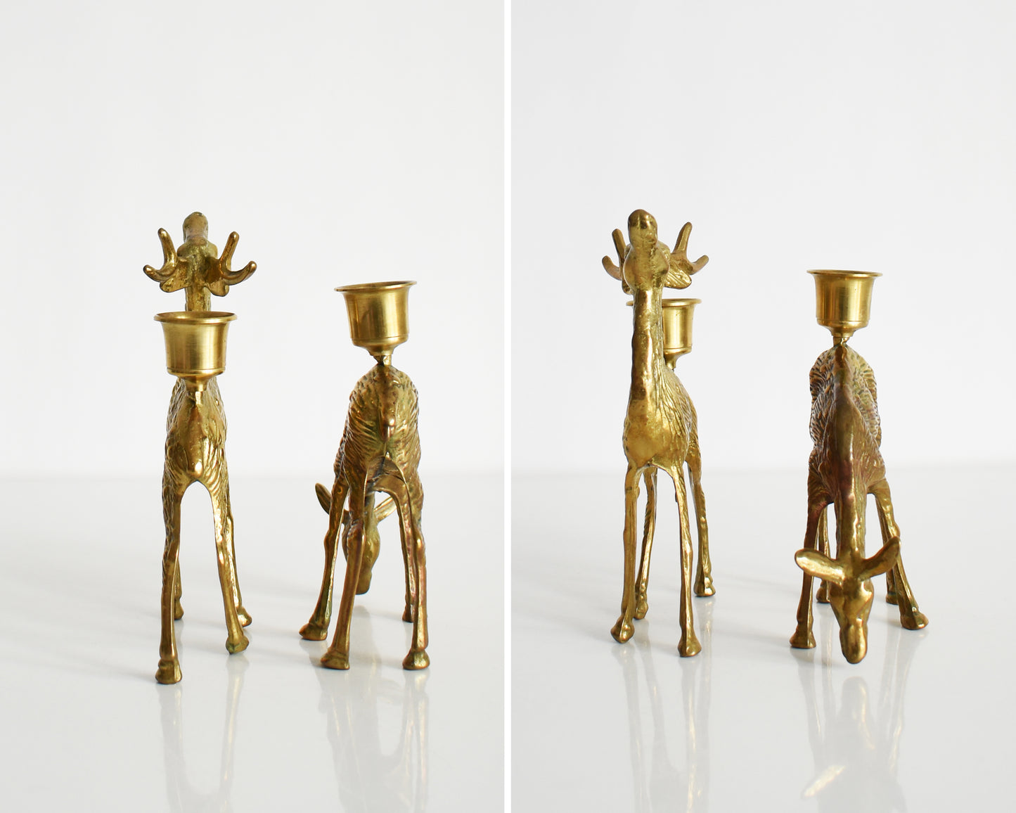 Side and back view of vintage pair of brass deer figurine candle holders. The buck is standing upright displaying his antlers and the doe is grazing on the ground.