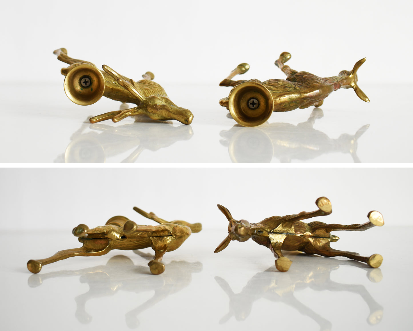 Side by side photos of the brass deer laying down showing the inside of the candleholders and the bottoms of the pieces