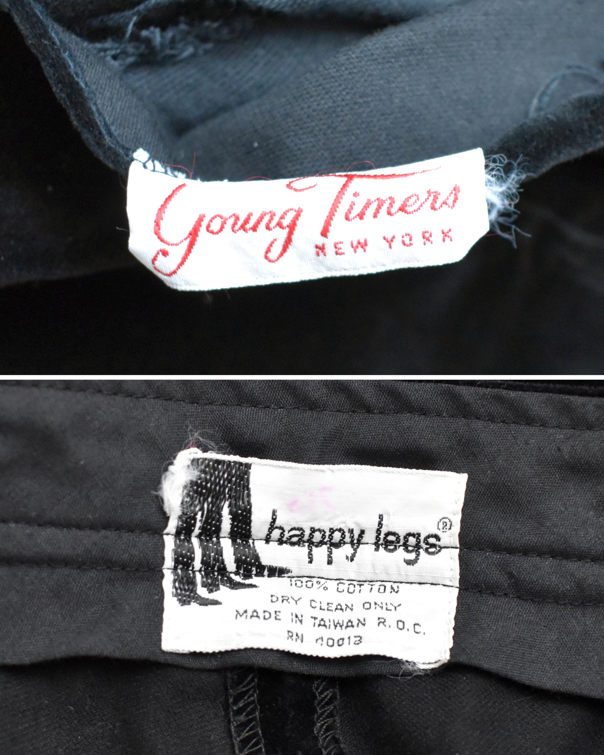 Close-up of 'Young Timers New York' and 'happy legs' labels on black fabric.