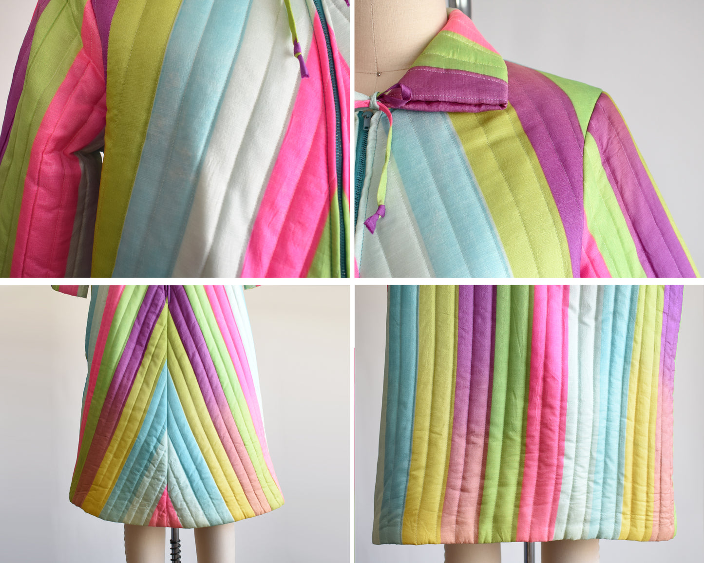 A photo collage of small flaws which includes some fading along the hem, front, and shoulders
