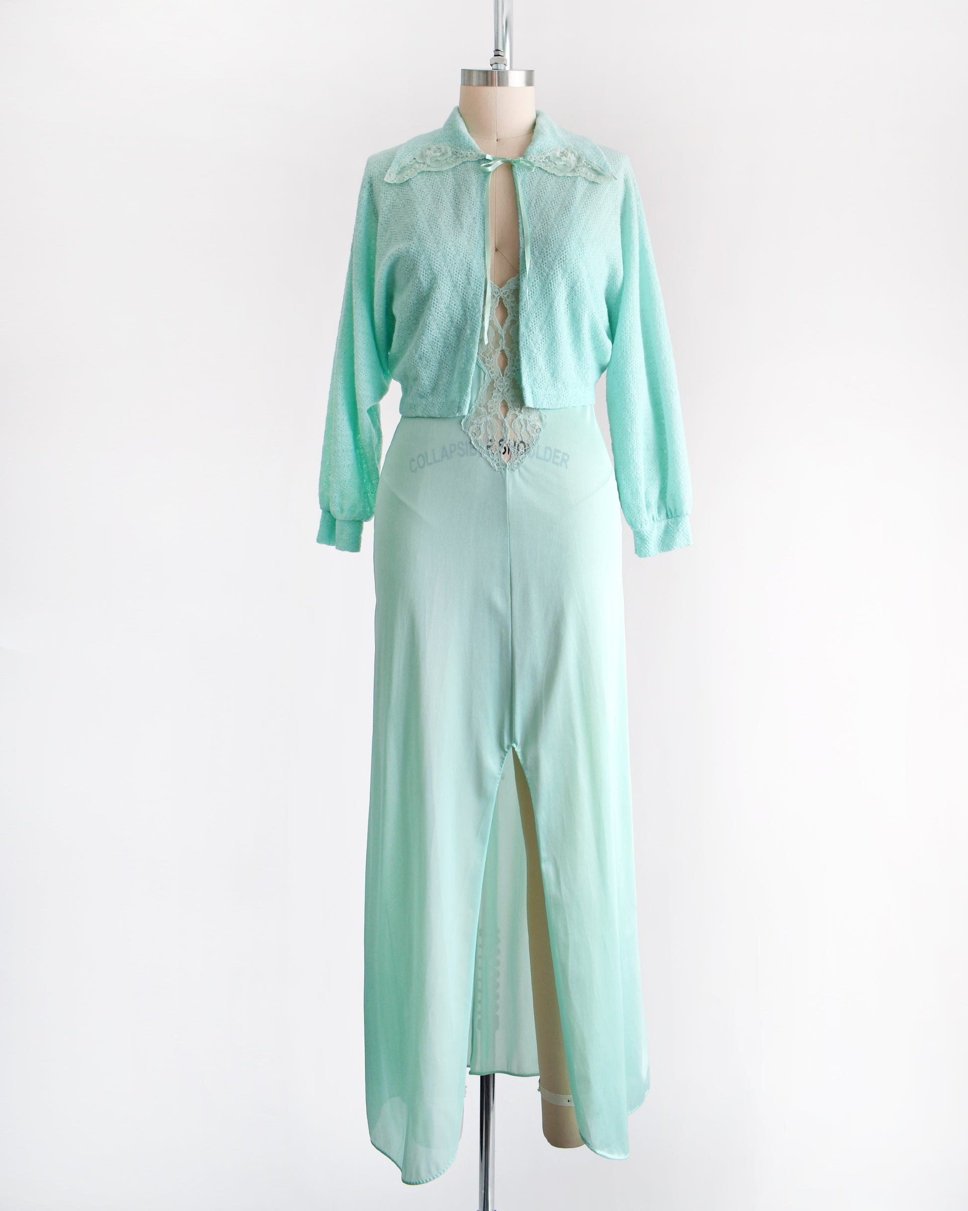A vintage 1970s mint green nightgown and bed jacket set.