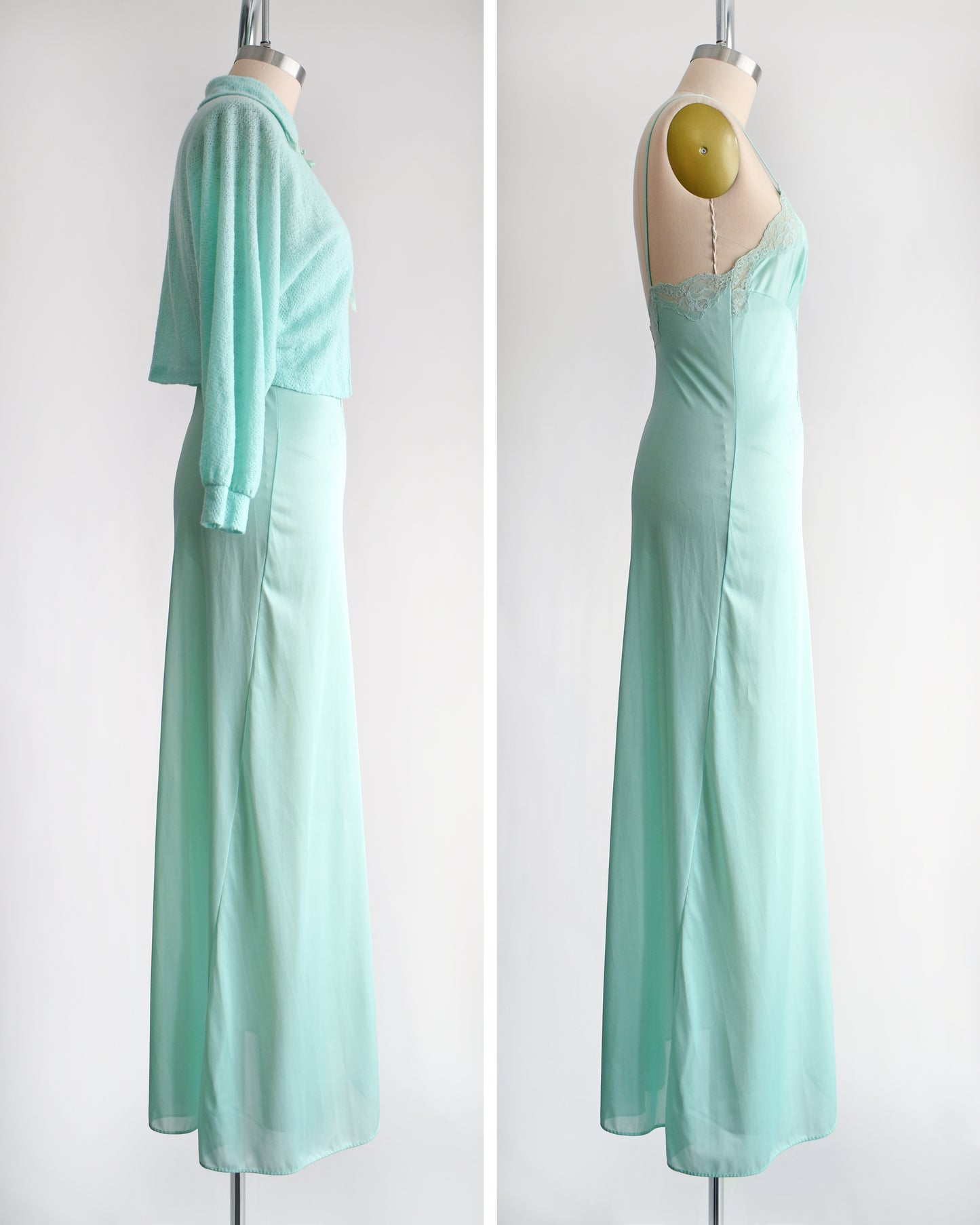 Side by side views of the side of a vintage 1970s mint green nightgown and bed jacket set. The left photo shows the bed jacket and nightgown together