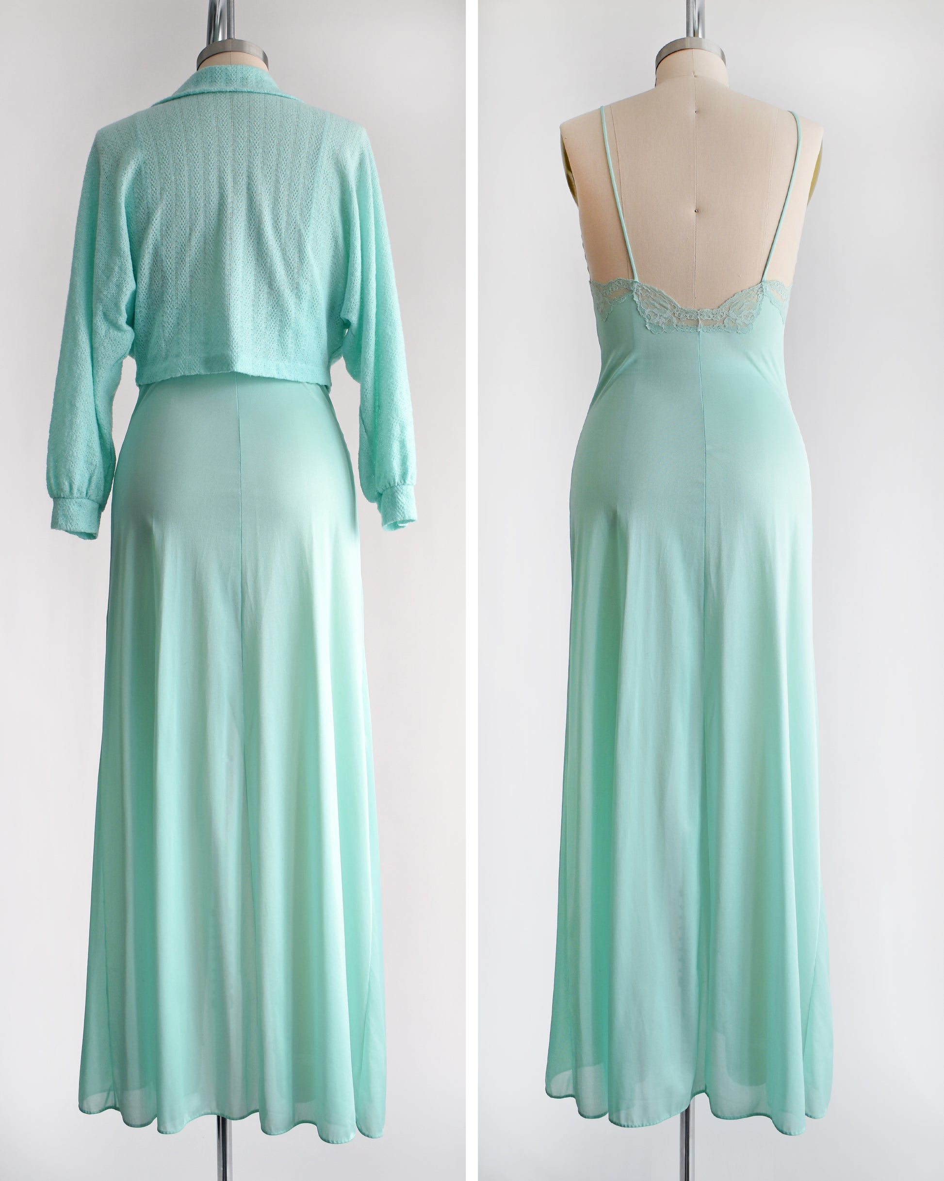 Side by side views of the back of a vintage 1970s mint green nightgown and bed jacket set. The left photo shows the bed jacket and nightgown together