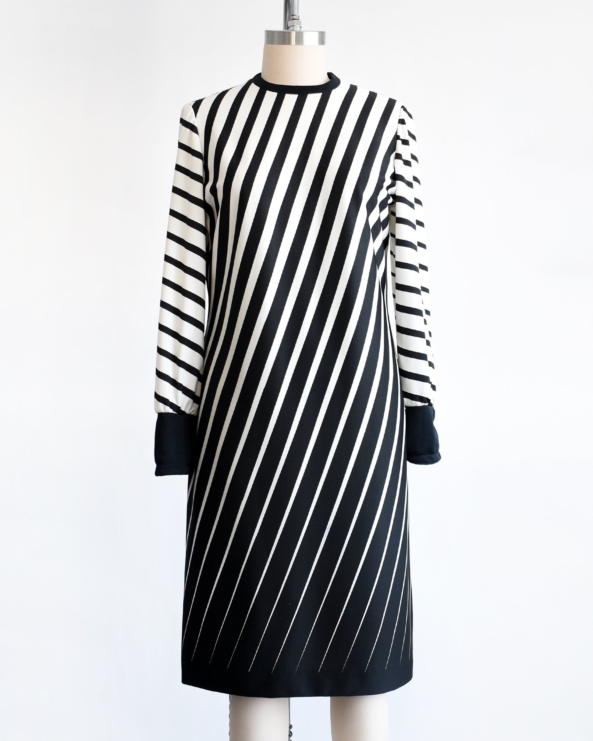 a vintage 1970s black and white diagonal striped dress