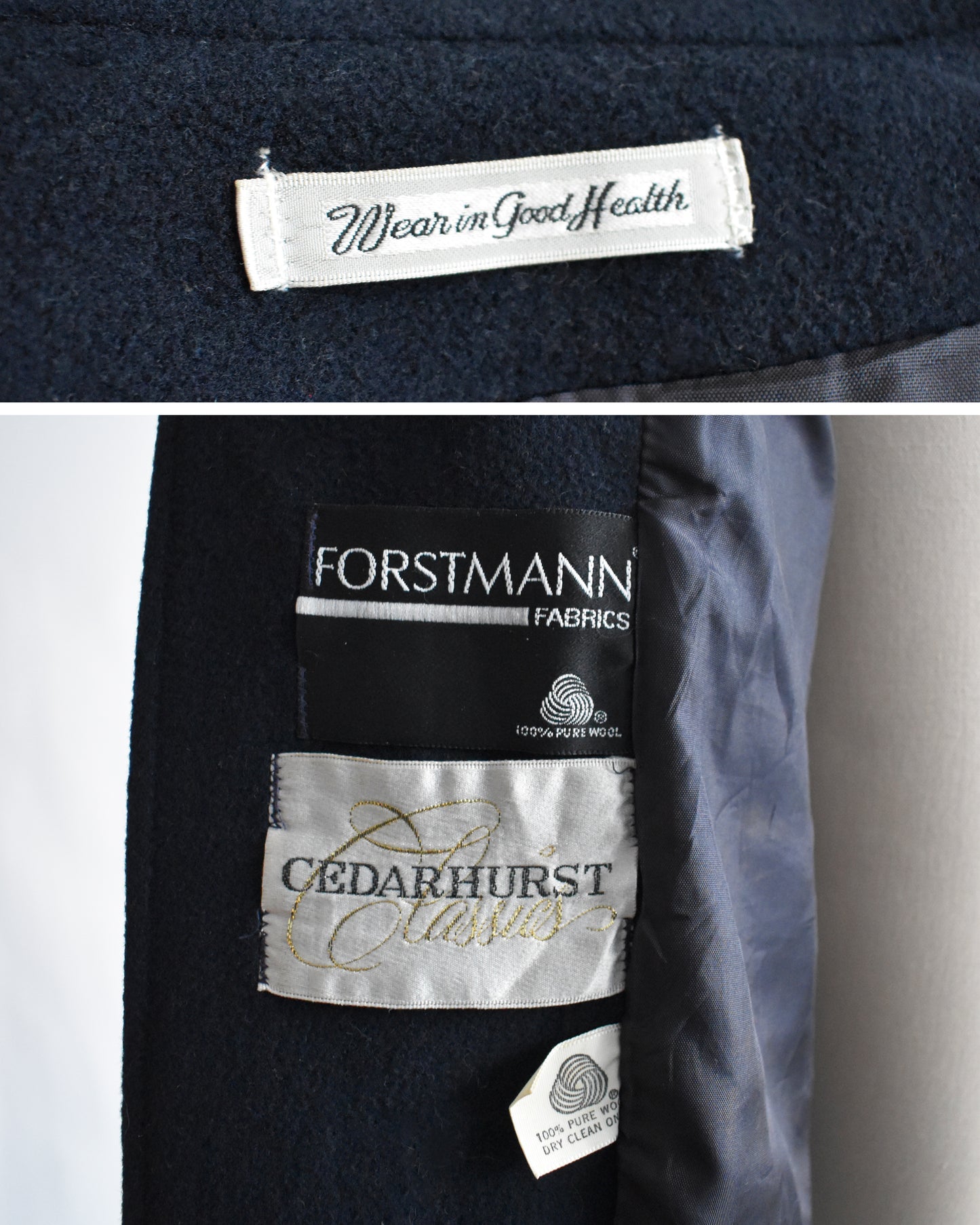 Close-up of fabric labels on a garment with 'Wear in Good Health', 'Forstmann Fabrics', and 'Cedarhurst Classics' branding.