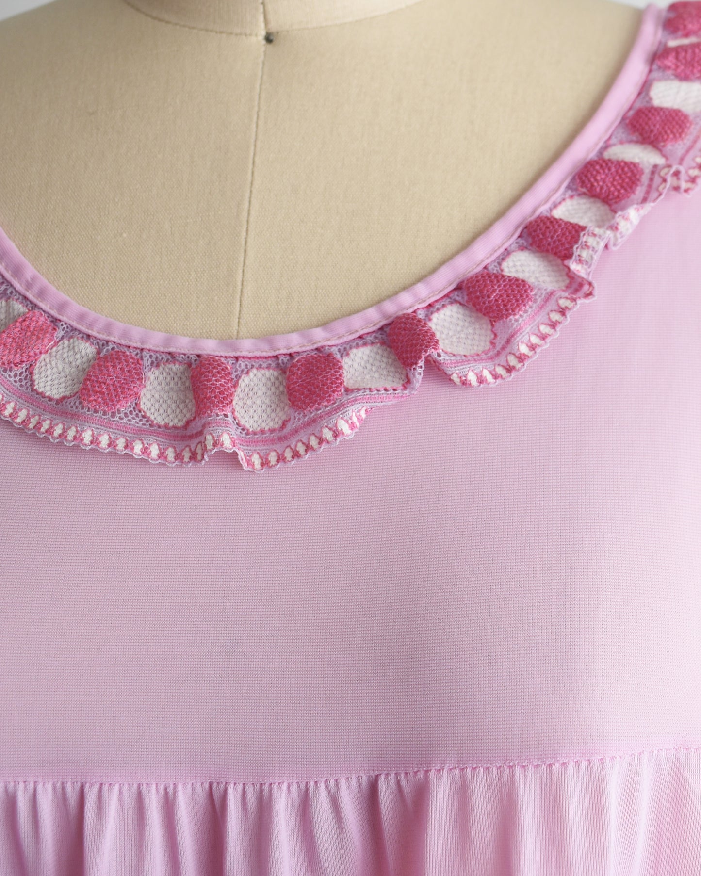 Close up of the dark raspberry and white embroidered ruffle trim along the neckline