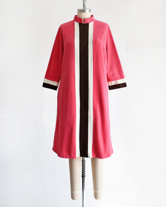 a vintage 1970s  pink, white, and brown striped robe by Vanity Fair