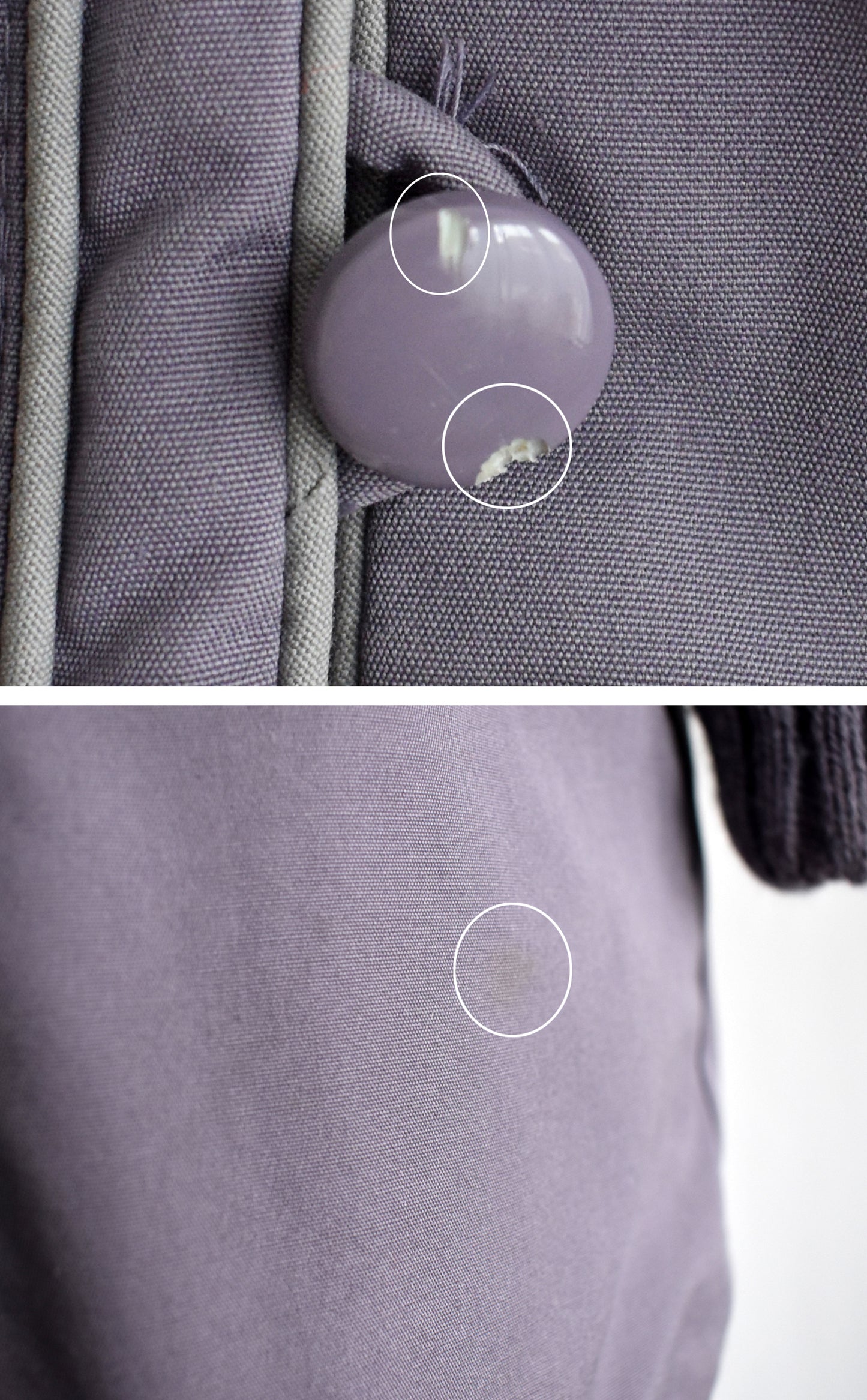 Close up of small flaws which include nicks to the button and a small mark near the hem