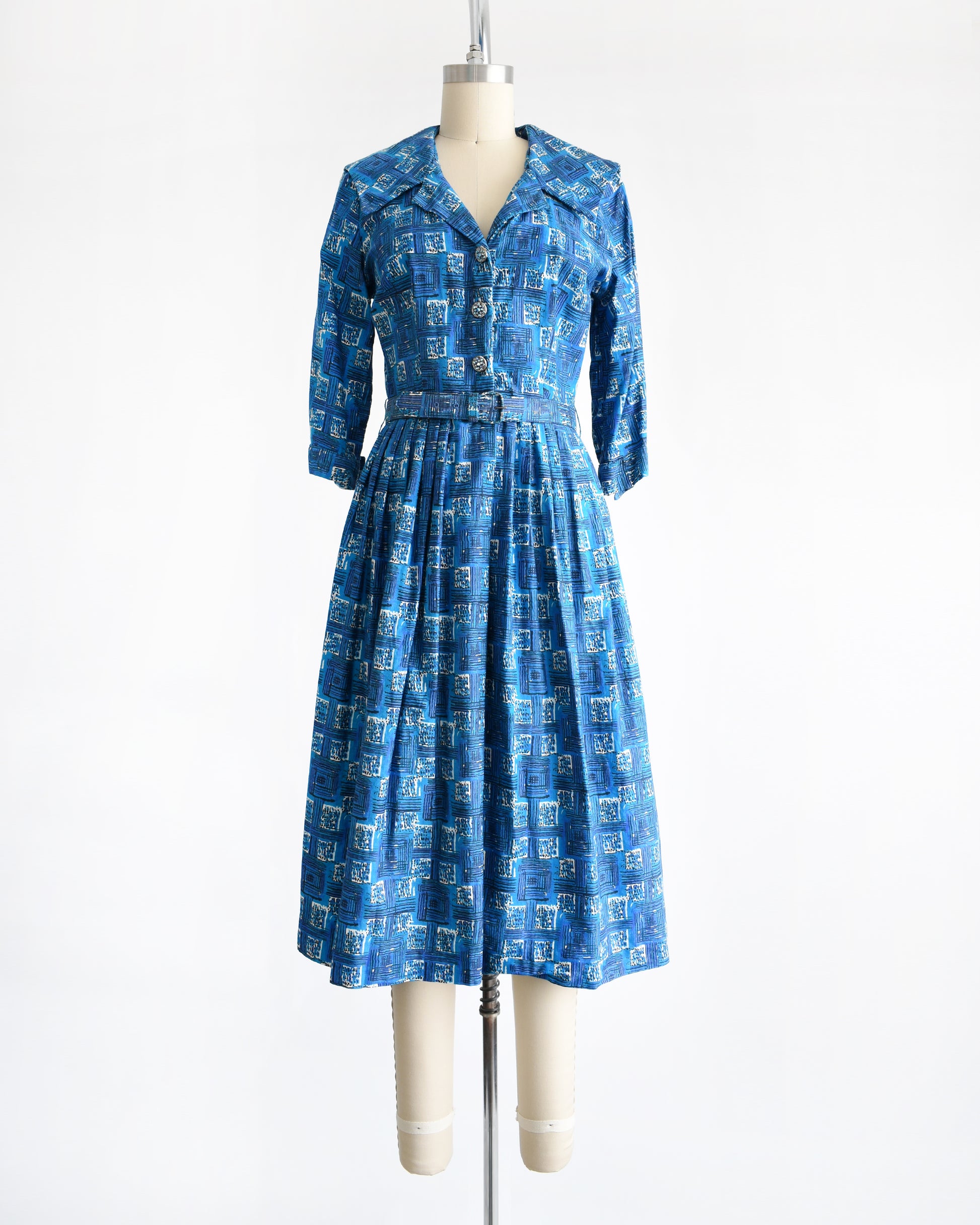 Vintage 1960s Blue Cotton Day Dress w/ Rhinestone Buttons | Small/Small Medium Vintage 1960s Blue Cotton Day Dress w/ Rhinestone Buttons | Small/Small Medium