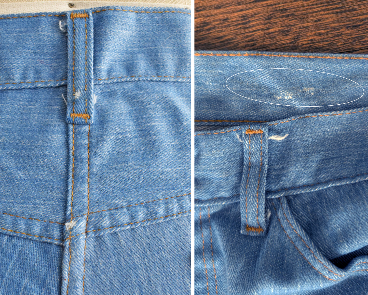 a photo collage that shows the back of the pants that show a few stress marks on the denim and the inside waistband that has some stressing in the denim