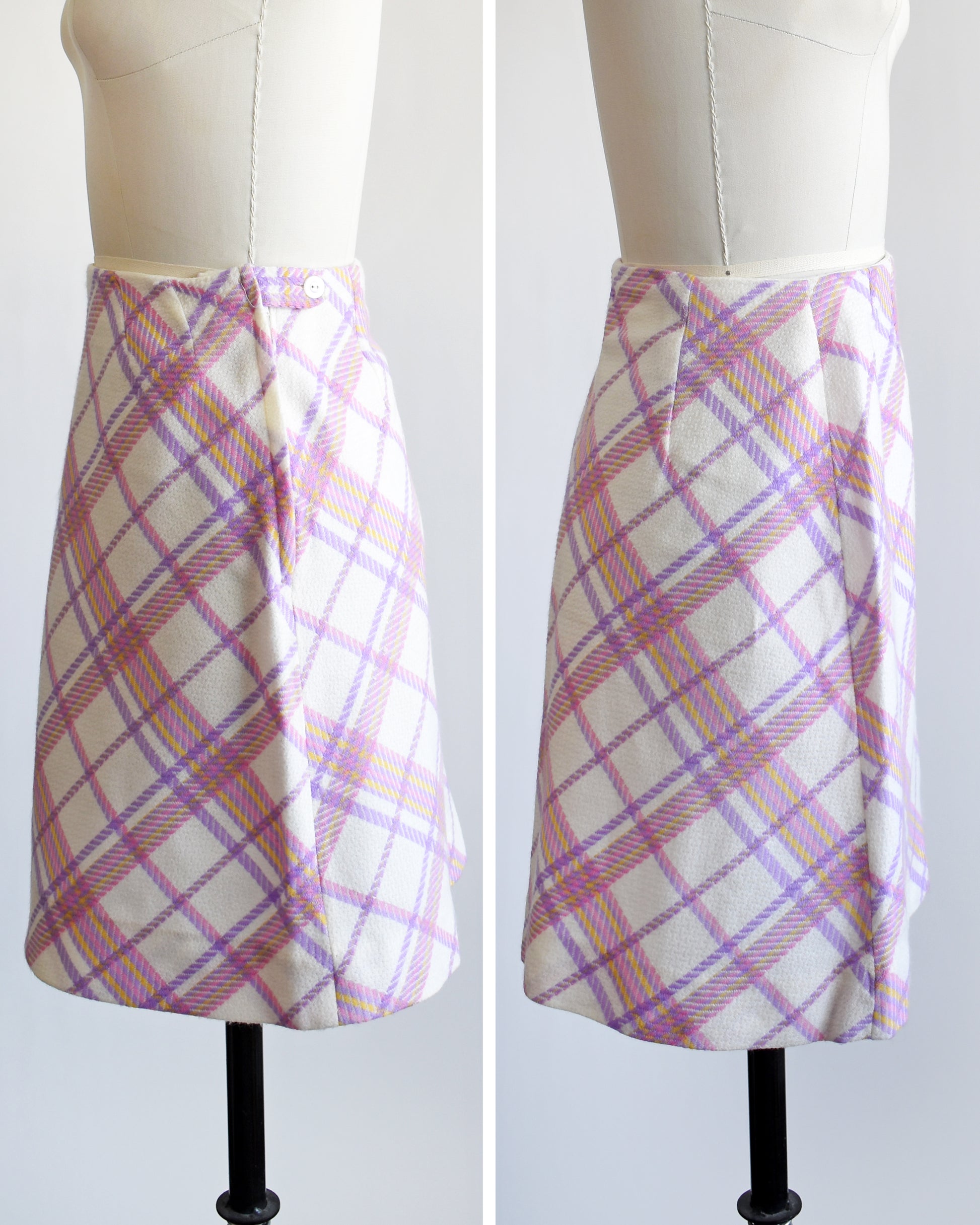 side by side side views of a vintage 1960s pink and purple plaid skirt on a mannequin against a white background