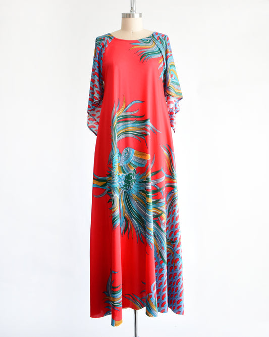 a vintage 1970s red and blue psychedelic bird caftan