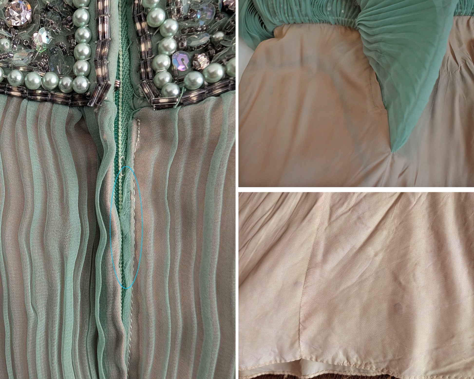 collage of small flaws included frayed fabric and spots on the lining