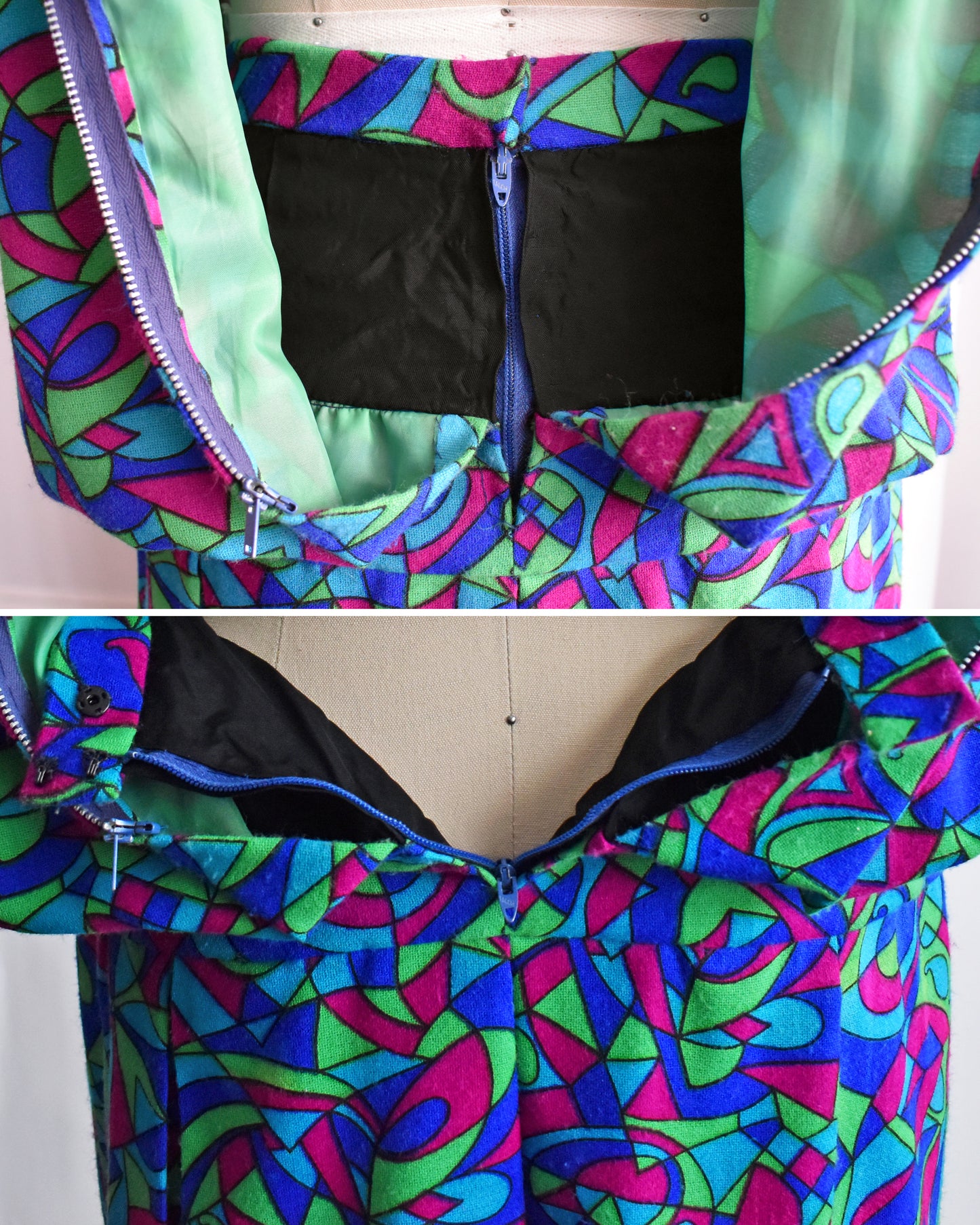 two different photos of a close up of the skirt waistband zipped up on the back and unzipped