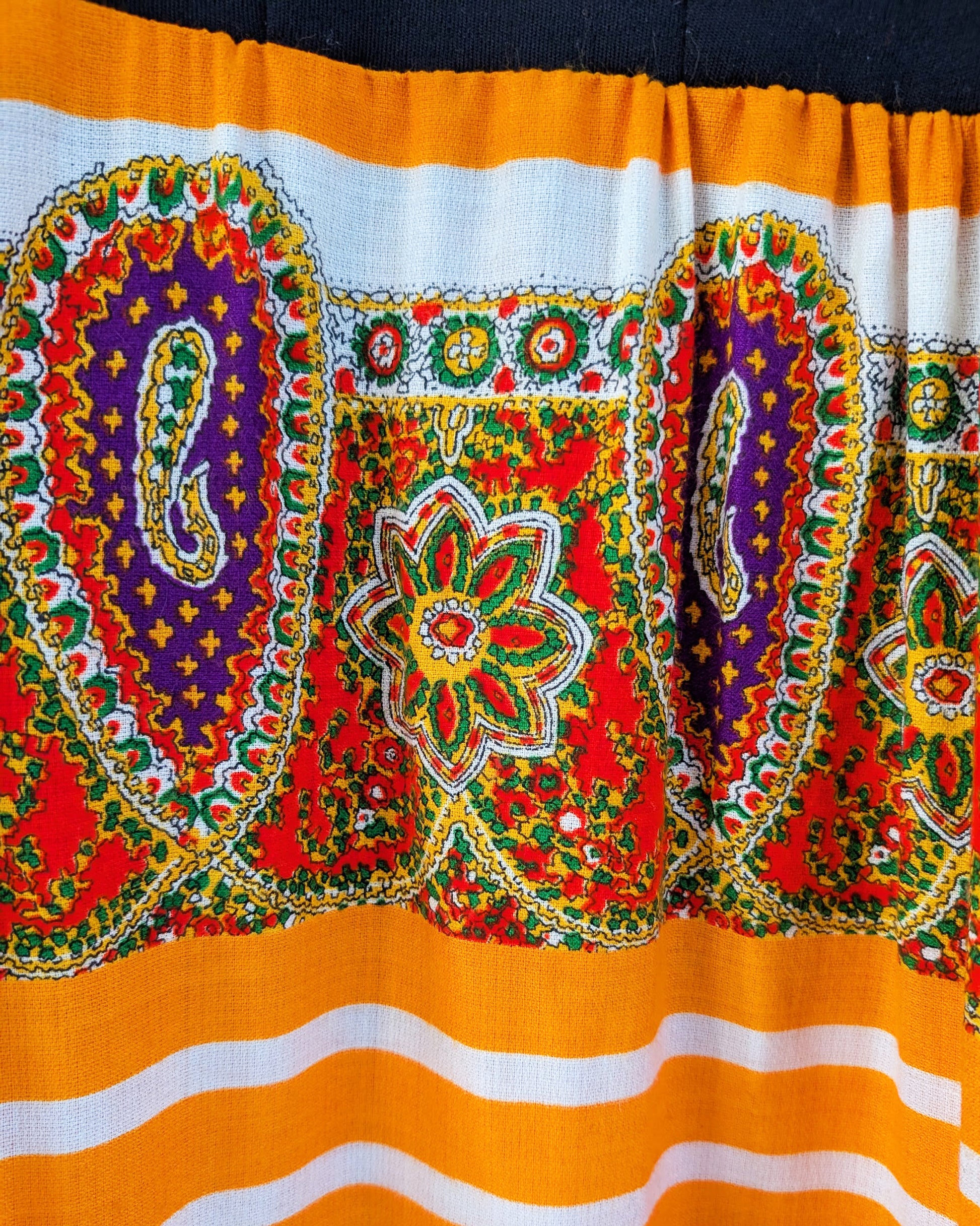 close up of the colorful patterned skirt