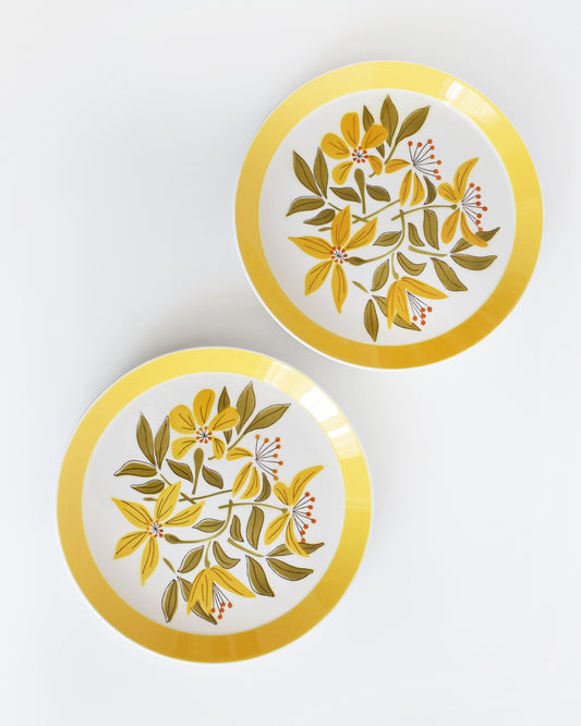 Two vintage 1970s plates from Mikasa Duplex line “Sunny Glow” D3504 pattern, designed by Ben Seibel. The plates have a wide yellow brim with a yellow, green, and orange floral motif at the center.