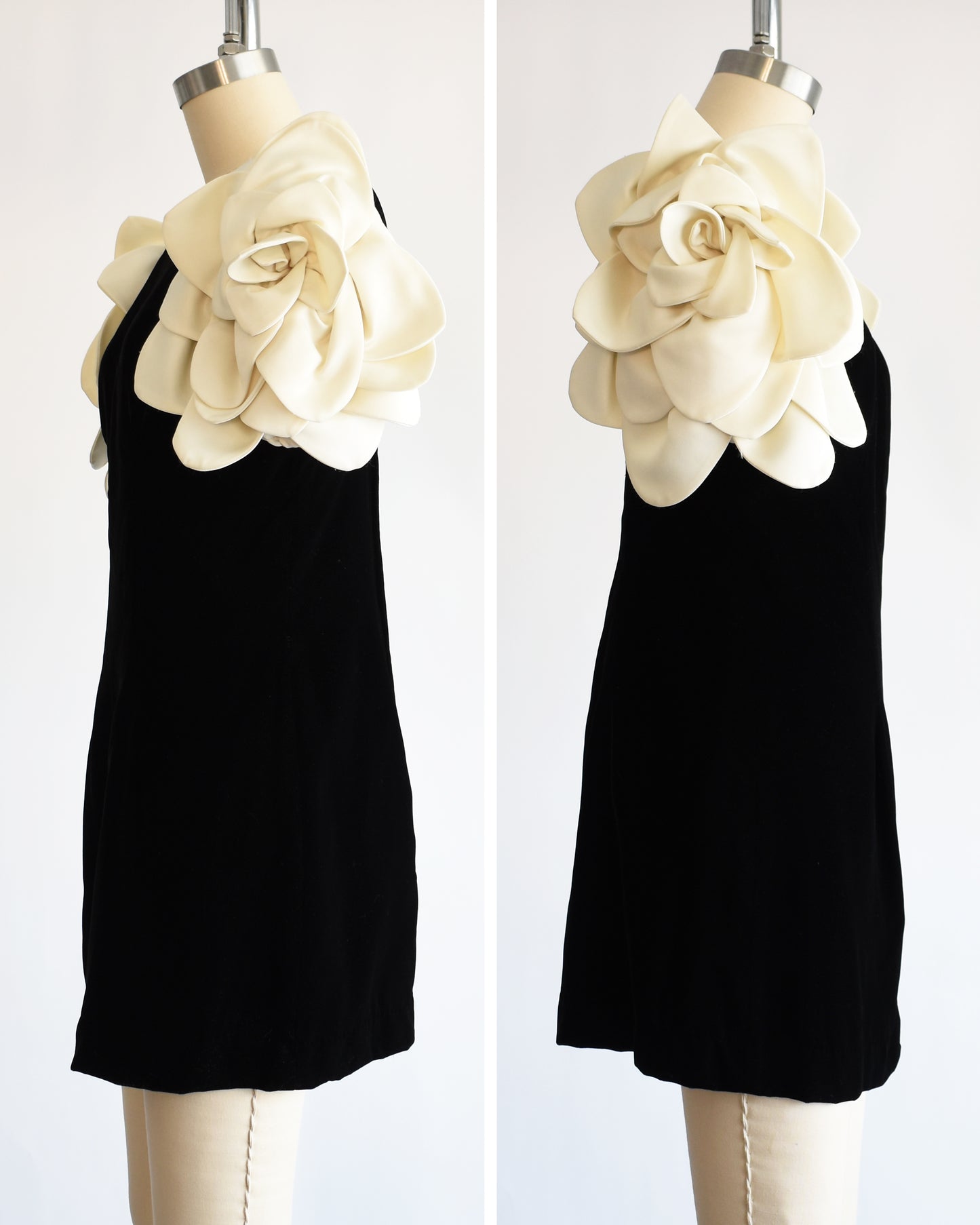 side by side views of a vintage 1980s Victor Costa black dress with white floral sleeves on a mannequin against a white background