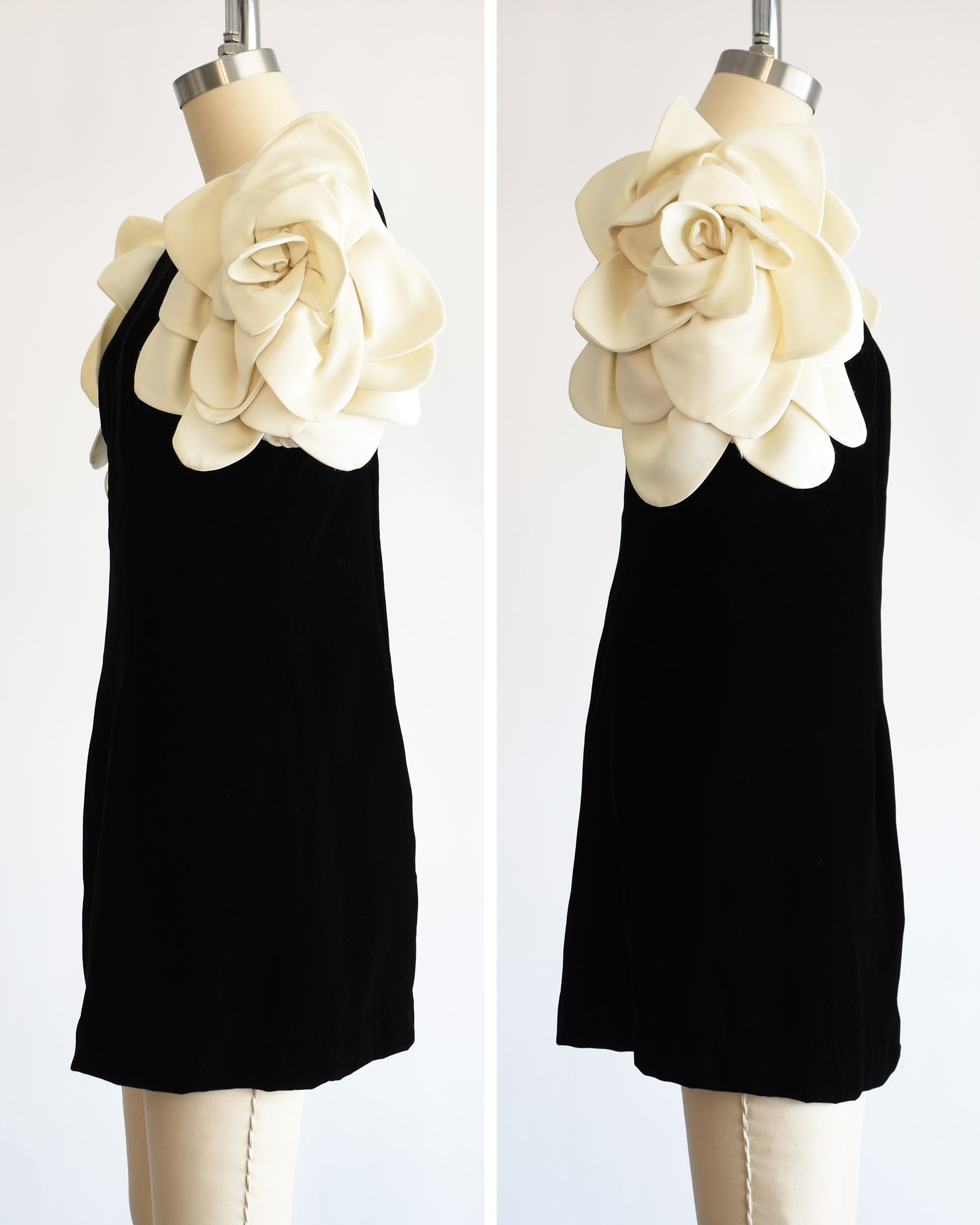 side by side views of a vintage 1980s Victor Costa black dress with white floral sleeves on a mannequin against a white background