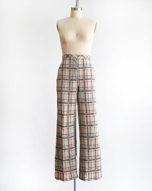vintage 1970s plaid pants on a mannequin against a white background